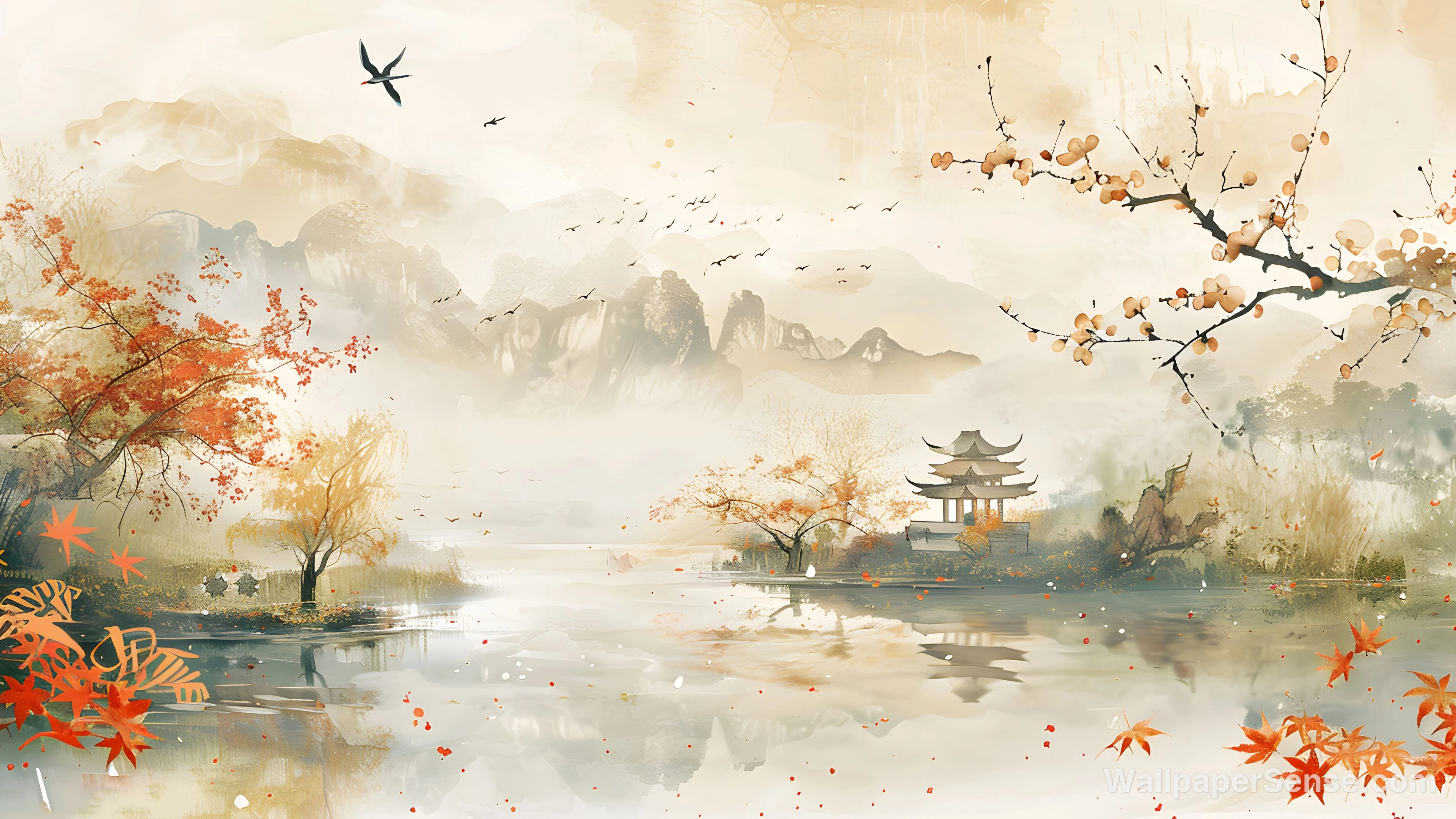 Chinese Style Autumn Landscape Mountain Lake 8K Desktop Wallpaper
