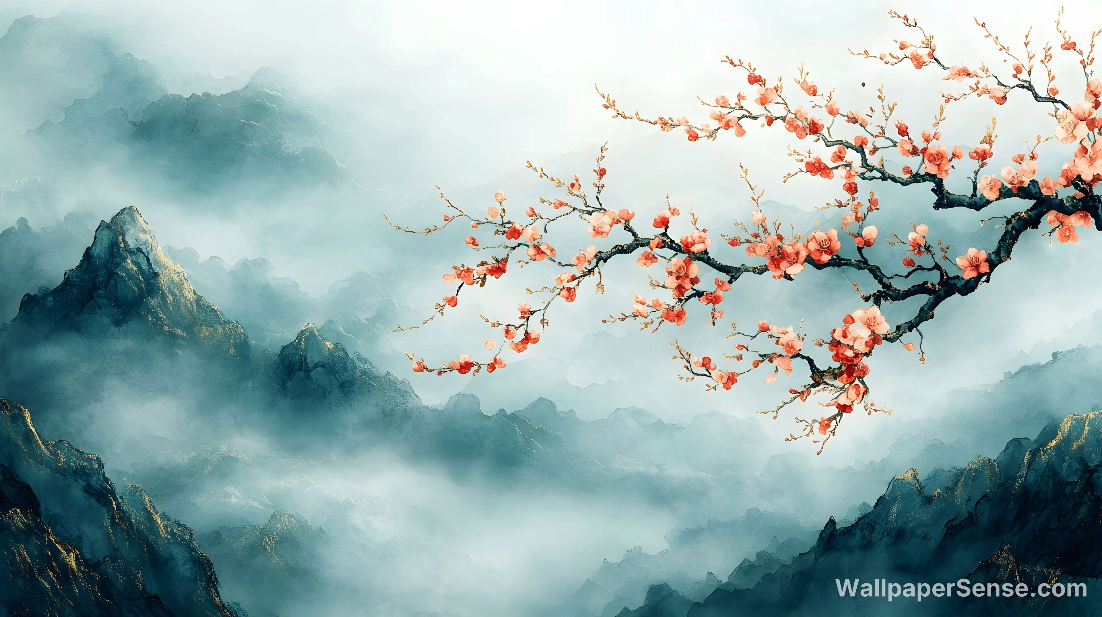 Chinese Style Plum Blossom Mountain Range 8K Ultra HD Desktop Wallpaper