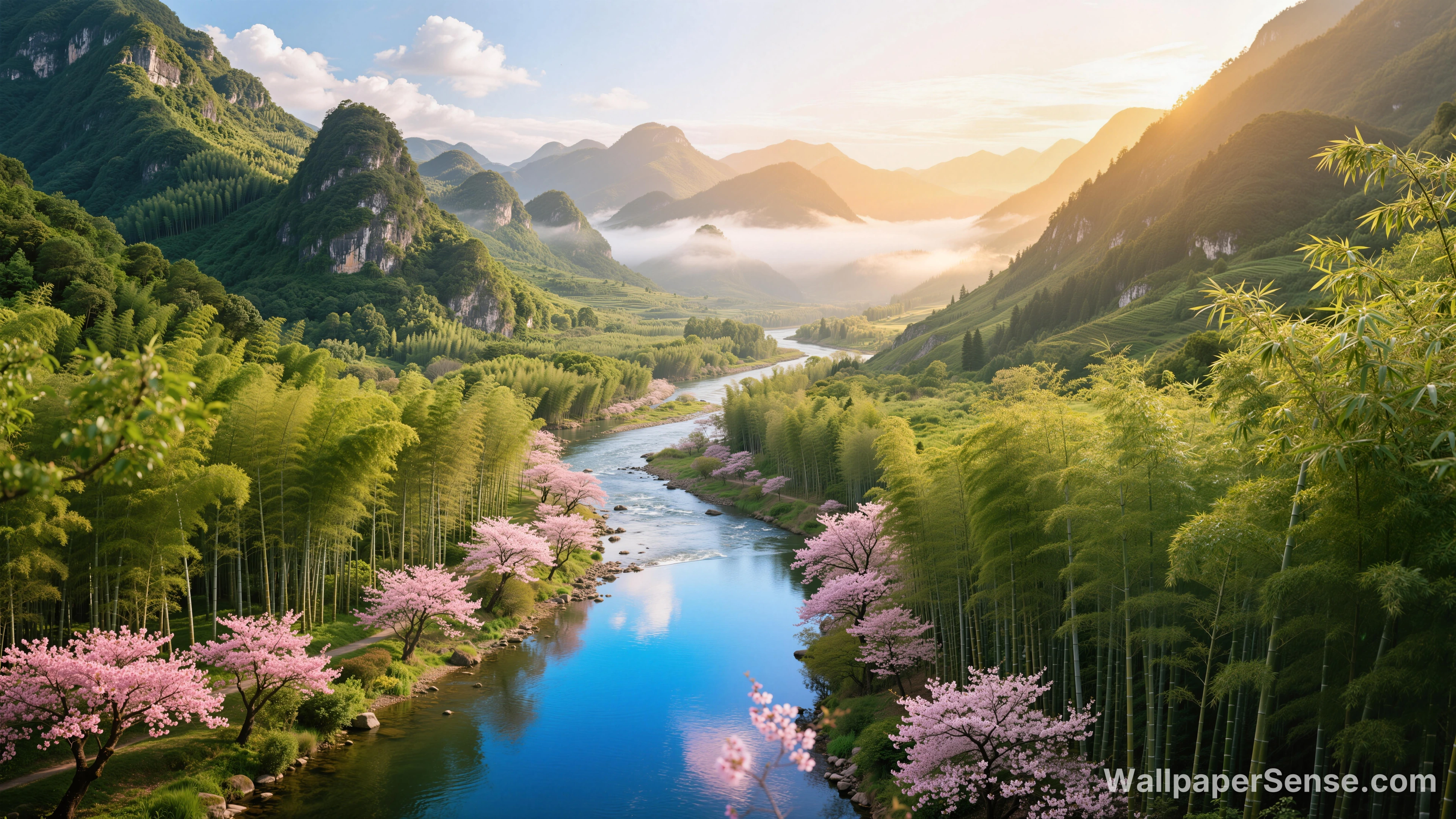 Chinese Style Bamboo Forest Stream 8K Ultra HD Desktop Wallpaper