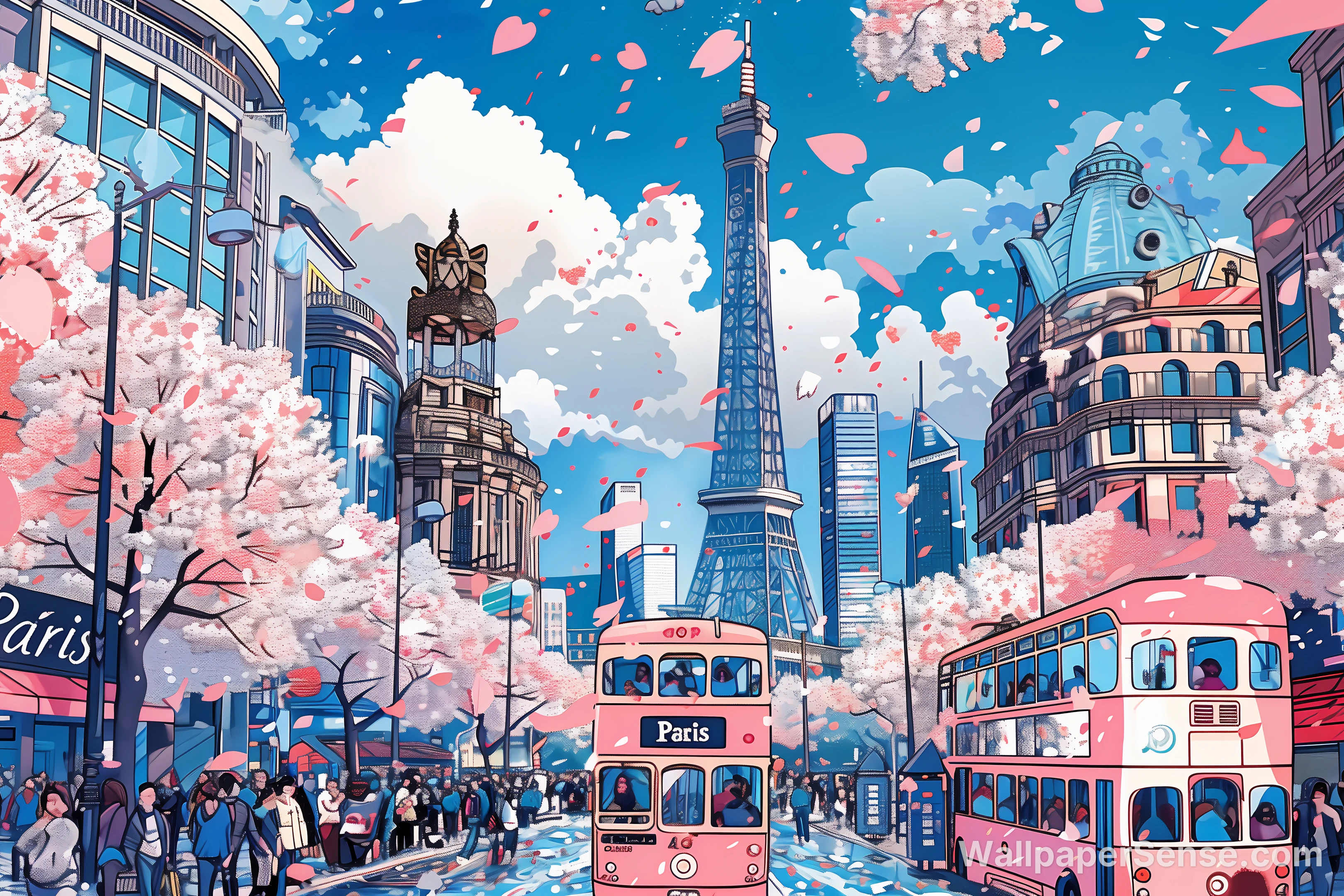 파리 벚꽃 거리 풍경 8K 데스크톱 월페이퍼 - Premium wallpaper in 7344x4896 resolution
