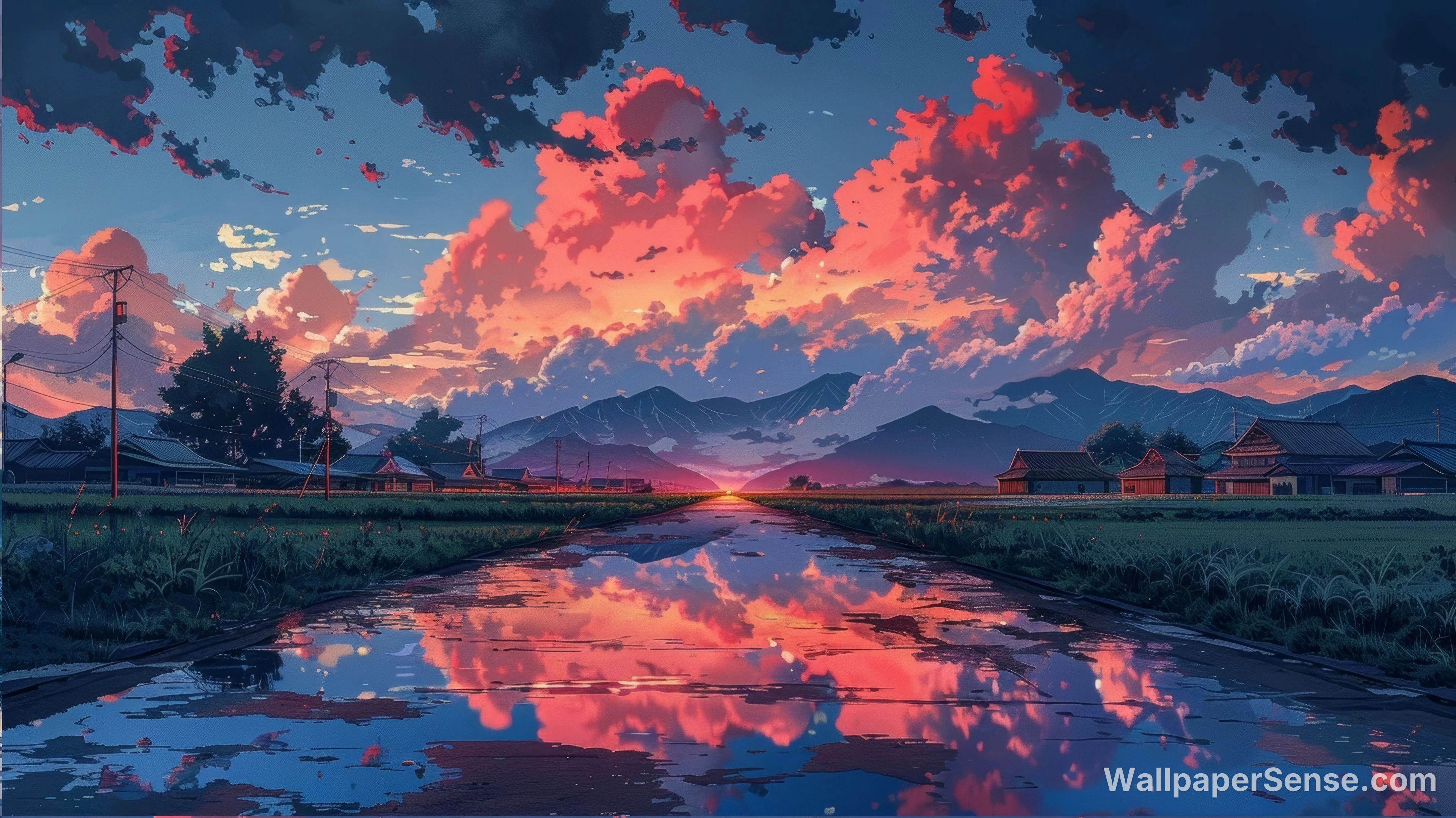 Anime vesnice západ slunce 8K Ultra HD stolní pozadí