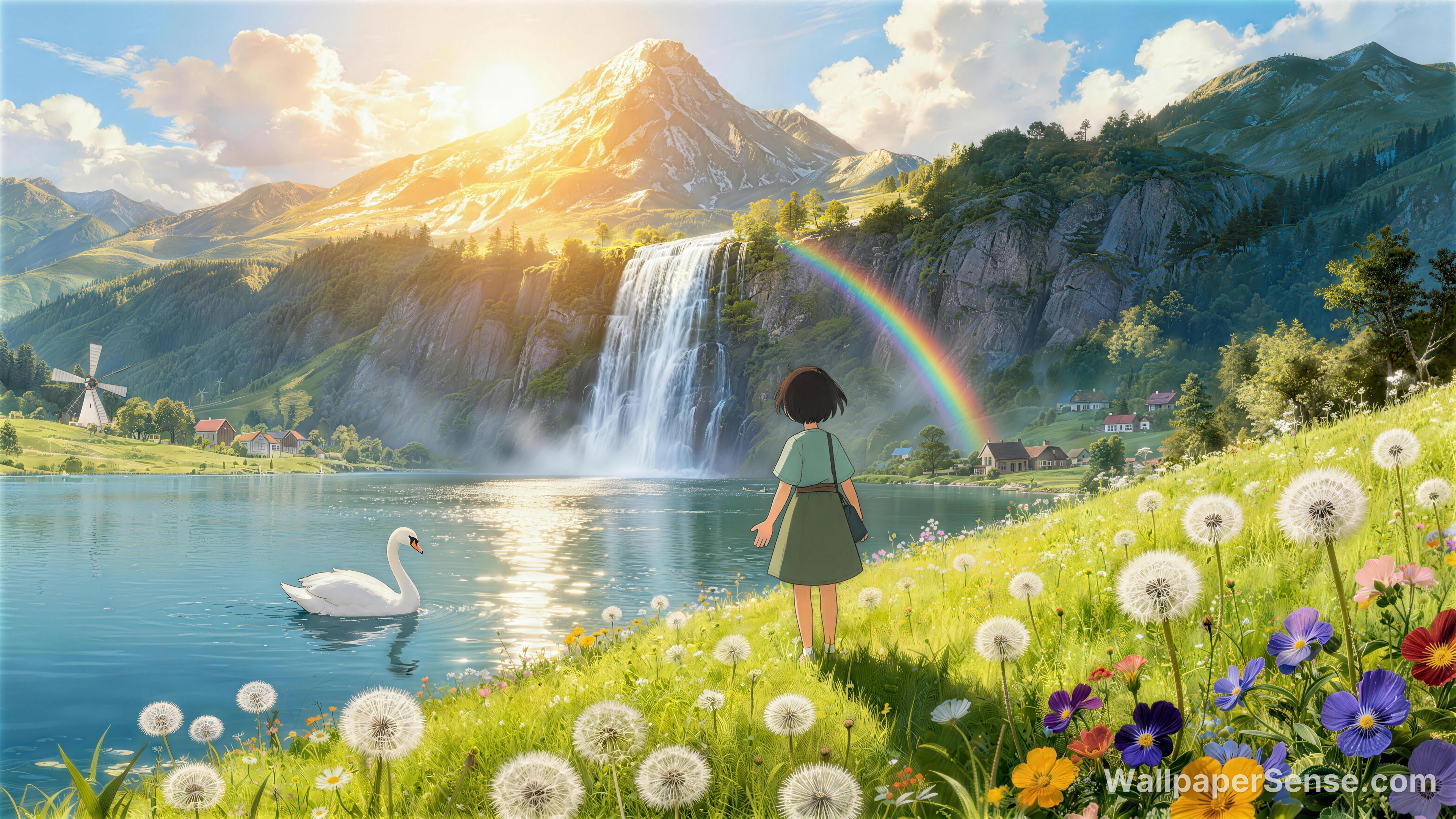 Studio Ghibli-stil: Pige ved søen, 8K baggrundsbillede