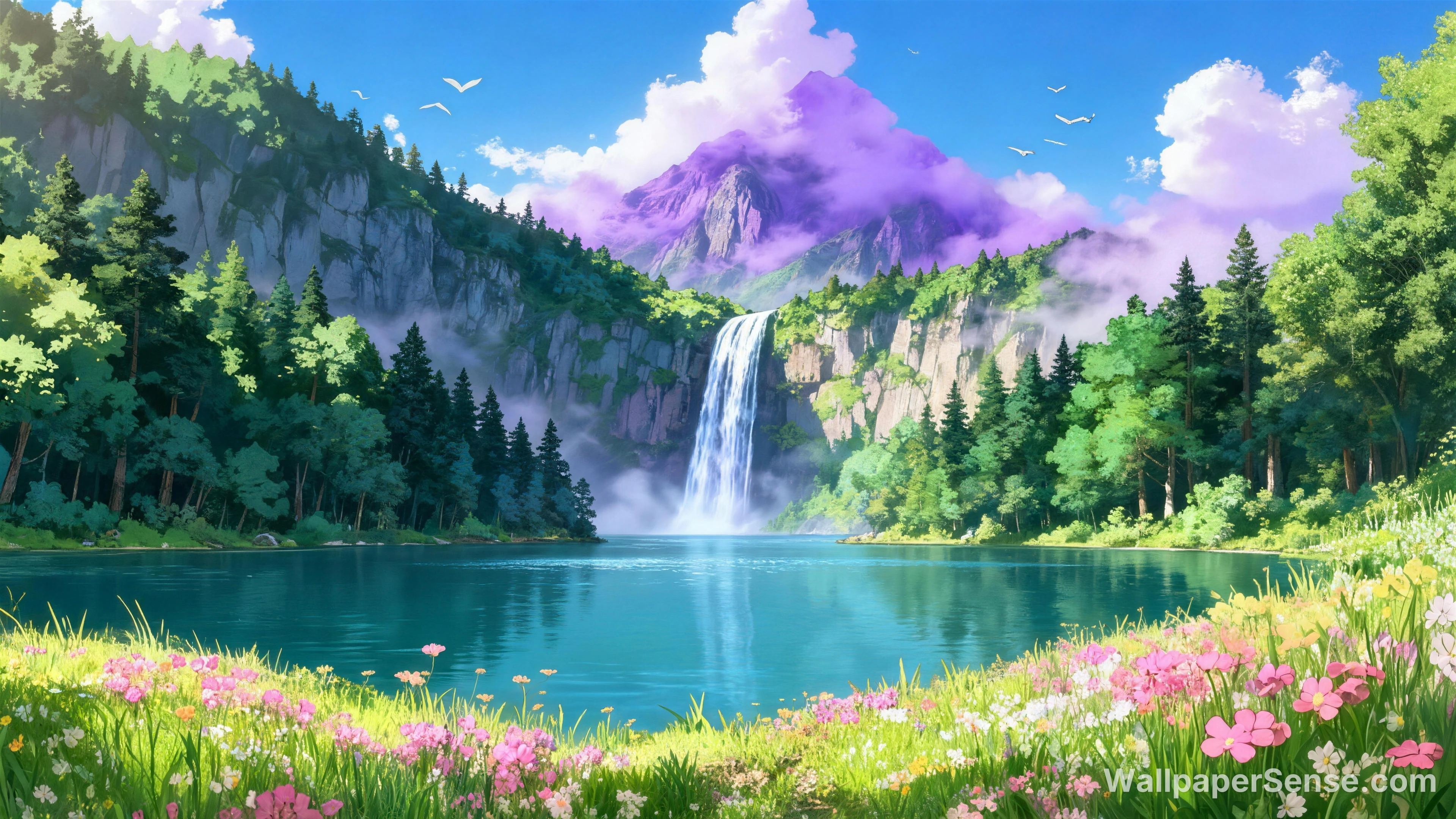 Japansk anime-stil vandfald i dal 8K skrivebordsbaggrund