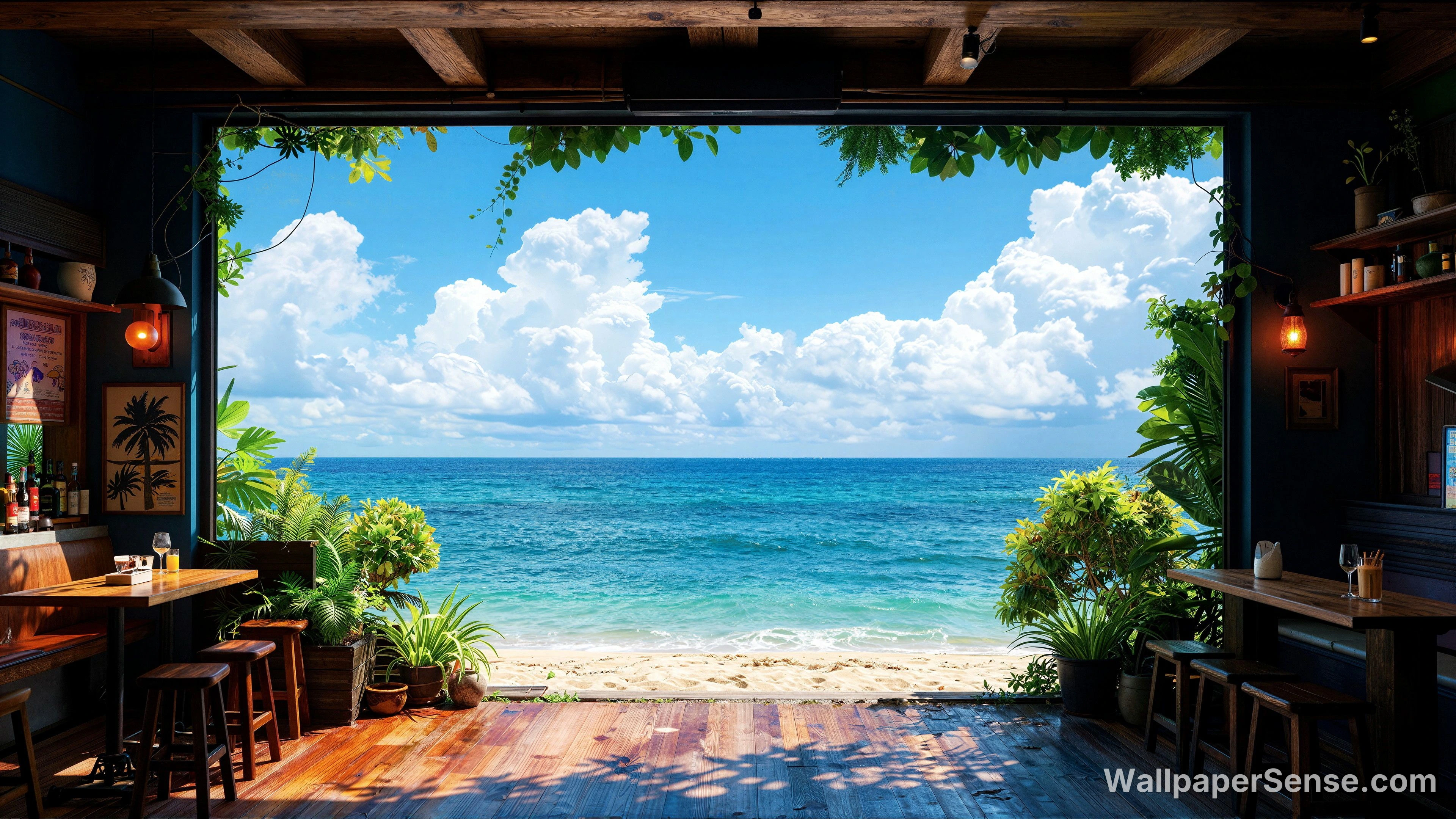 热带海滩咖啡馆 4K 桌面壁纸 - Premium wallpaper in 3840x2160 resolution