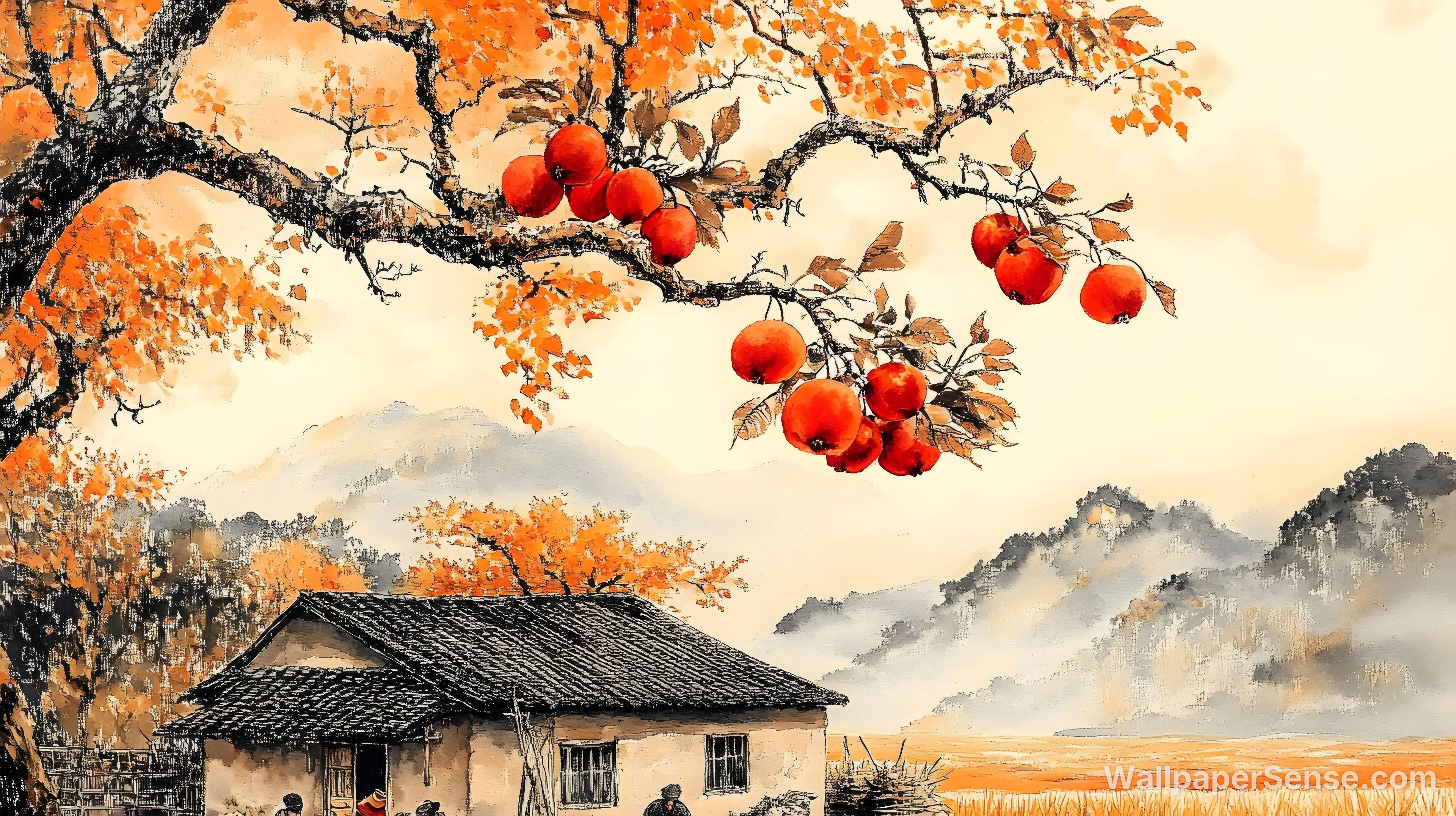 Chinese Style Persimmon Tree 8K Ultra HD Desktop Wallpaper