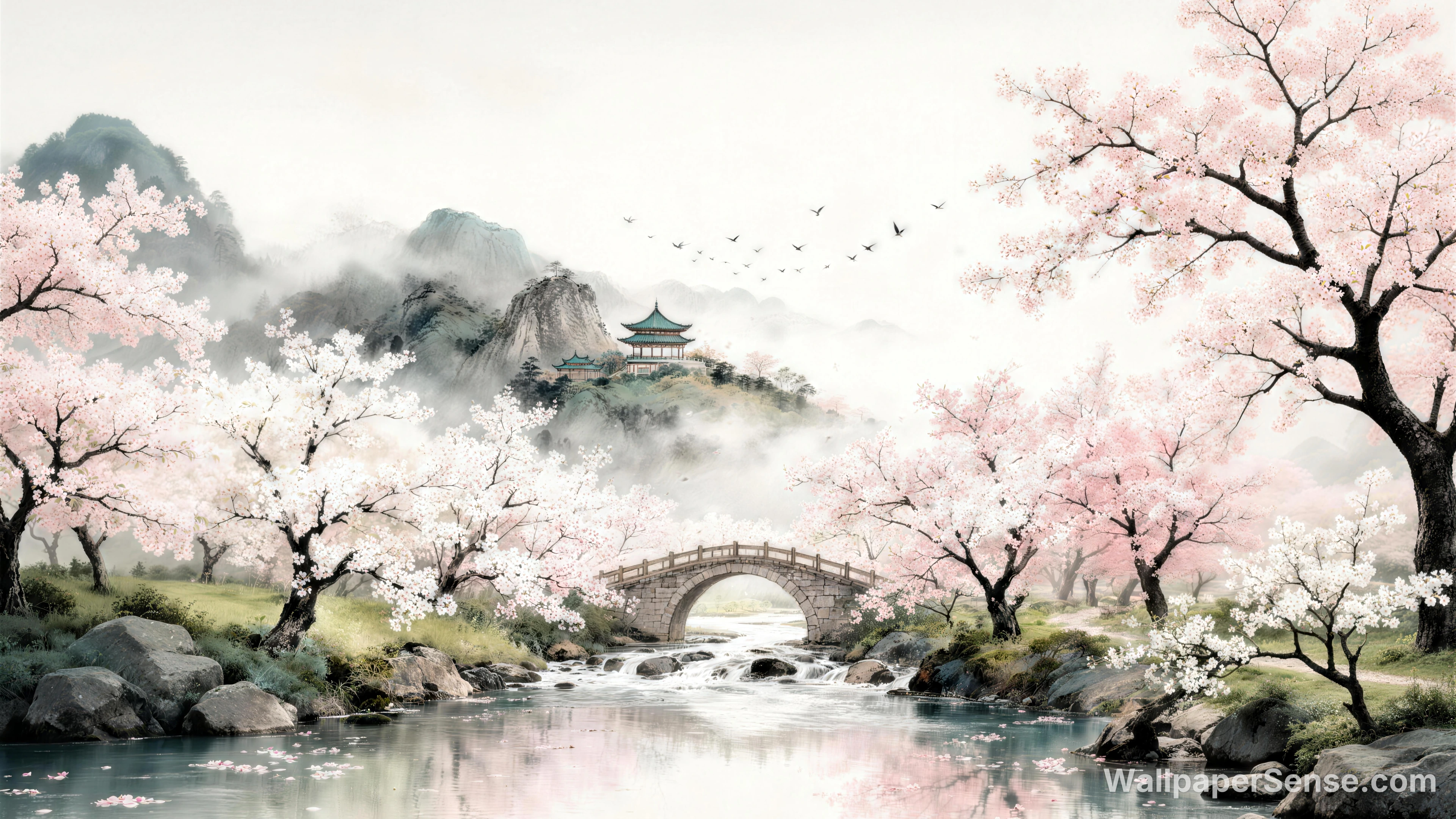 Oriental-stil kirschblomsterstrøm 8K skrivebordsbaggrund