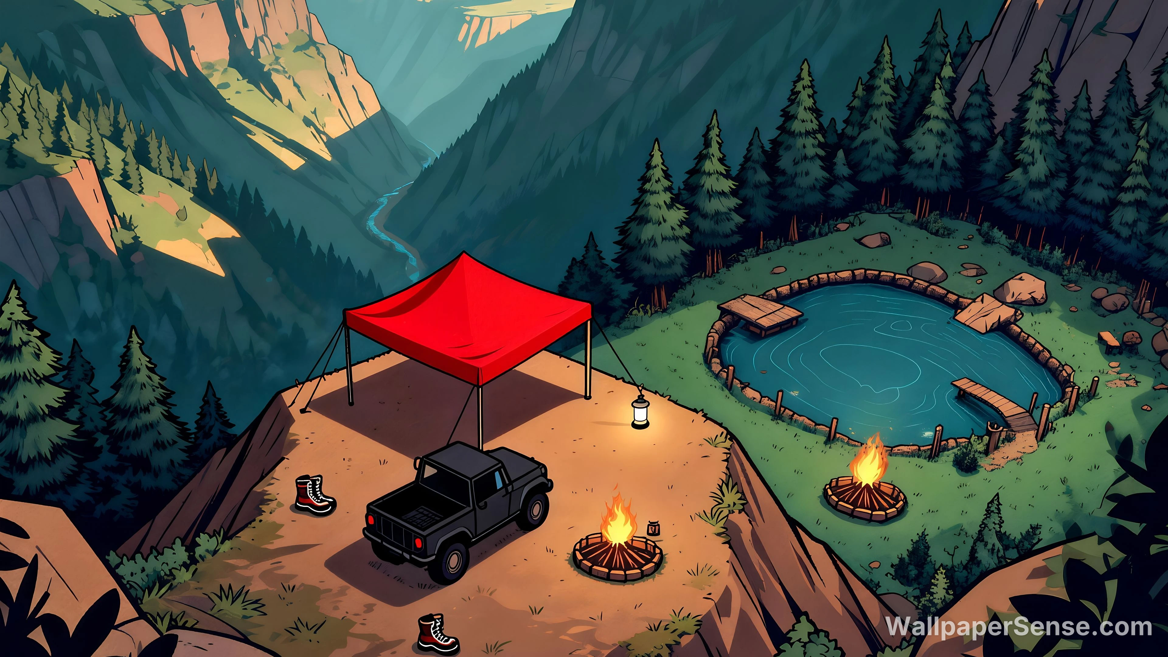 Cartoon-Style Mountain Camping 8K Desktop Wallpaper