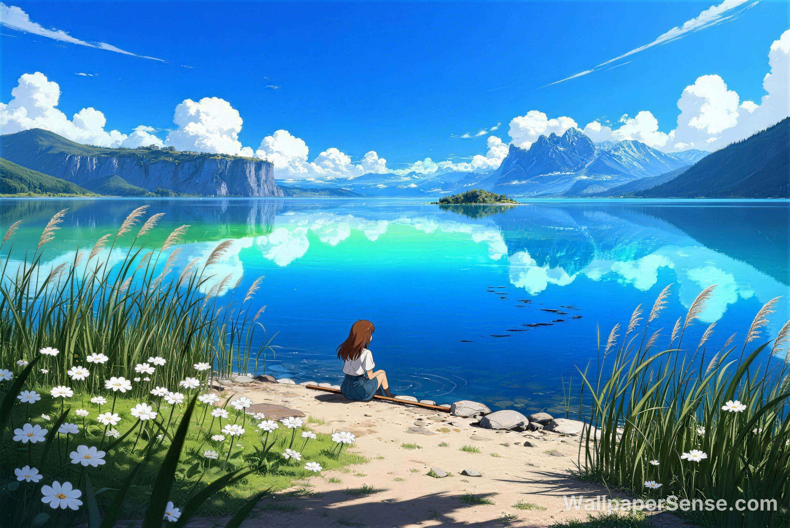 Studio Ghibli-stil: Jente ved innsjøen, 8K-skjermbakgrunn - Premium wallpaper in 8192x5474 resolution