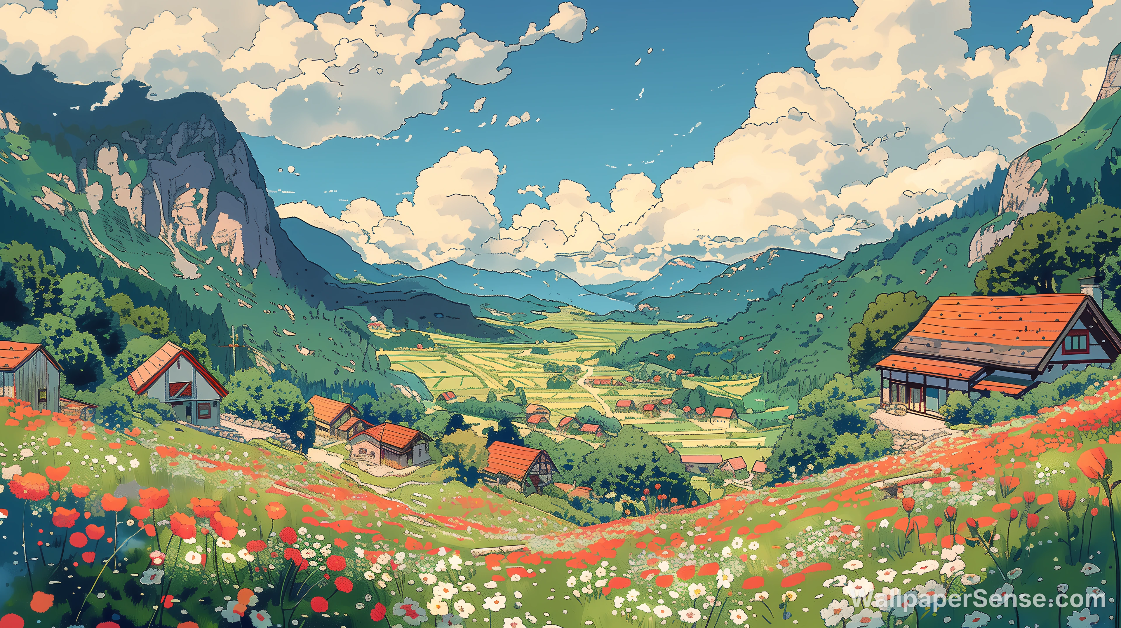 Studio Ghibli-stijl bergdorp 4K bureaubladachtergrond