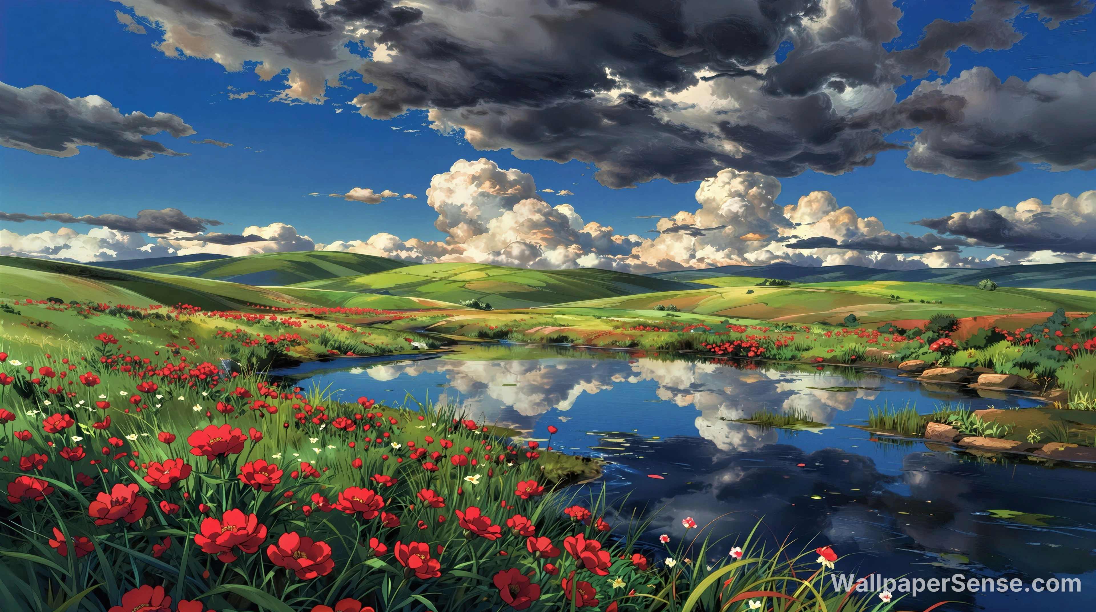 Japonská vesnická krajina 8K Ultra HD sbírka pozadí - Anime styl květní pole 8K Ultra HD stolní pozadí