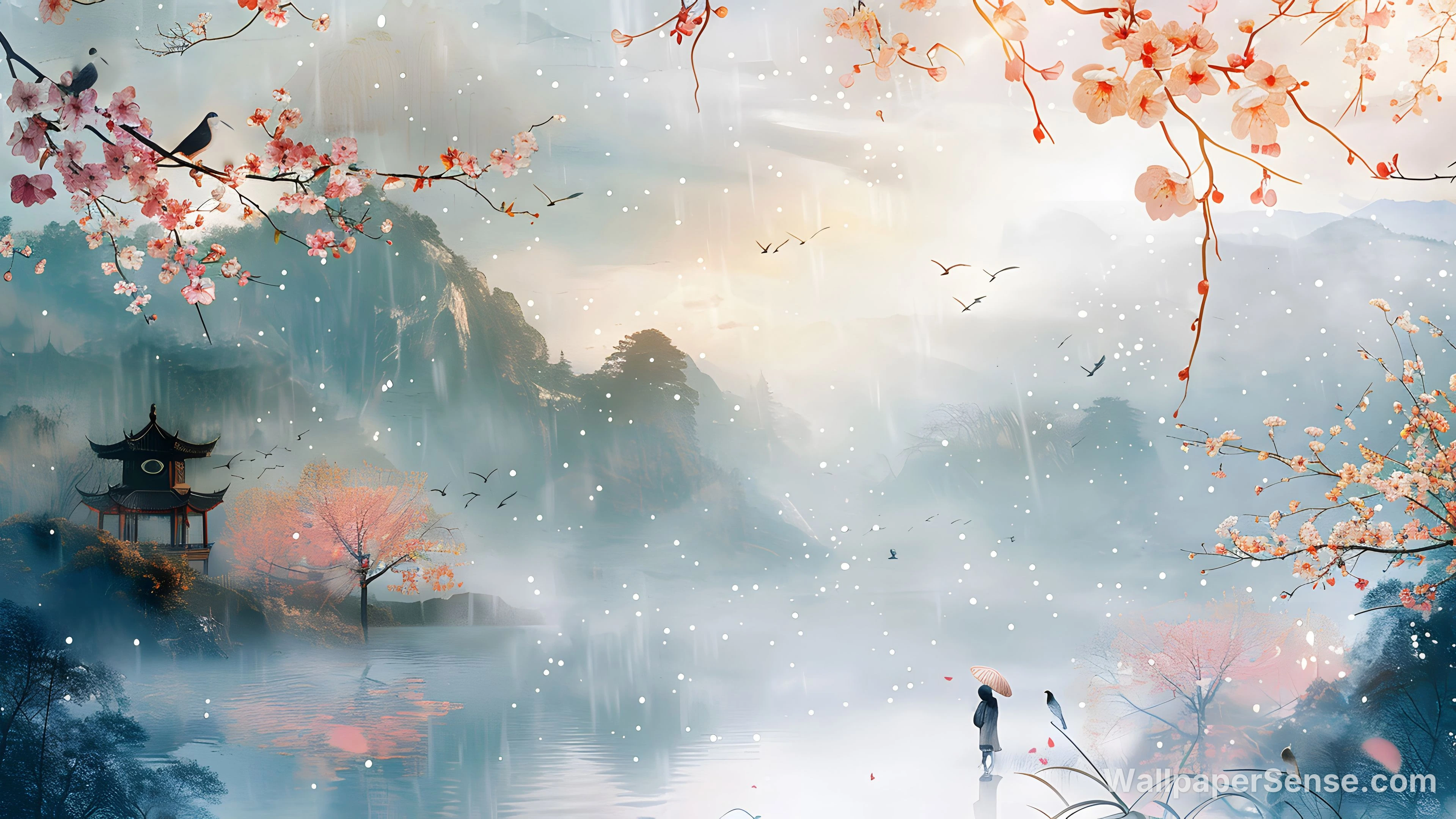 Chinese-Style Cherry Blossom Landscape 8K Ultra HD Desktop Wallpaper