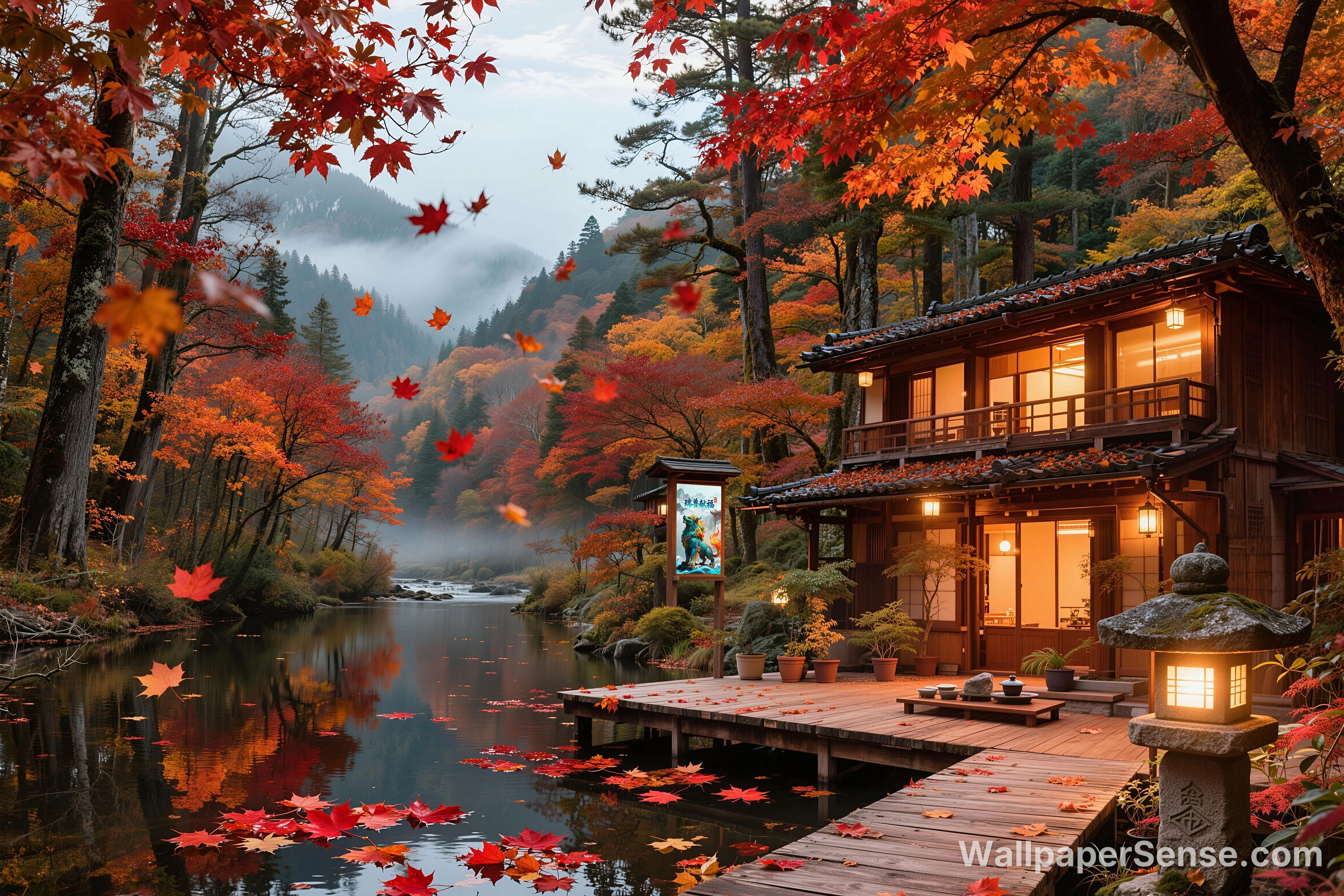 Chalet japonais dans une forêt d'érables 8K – Fond d'écran - Premium wallpaper in 8192x5461 resolution