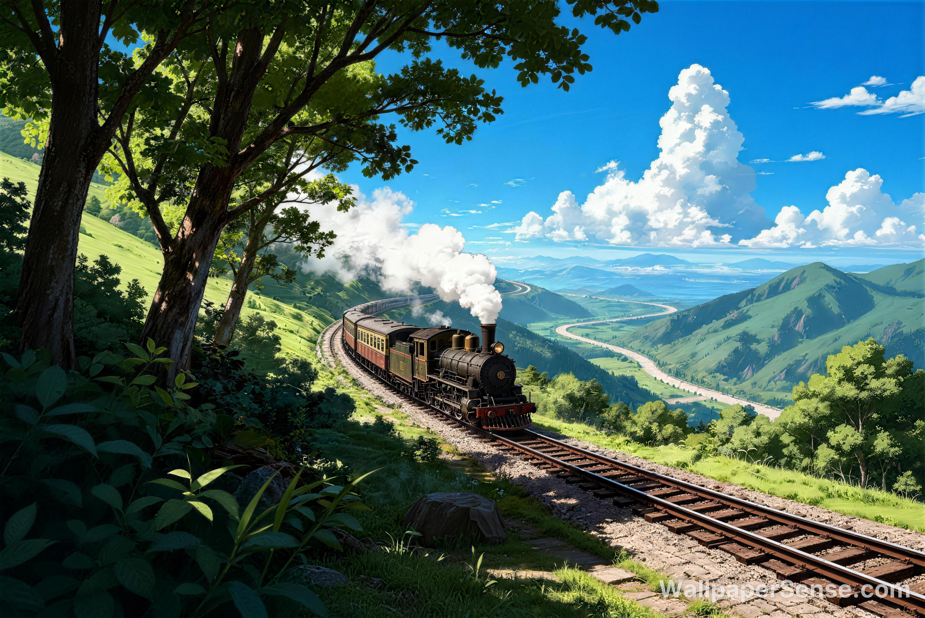 Train à vapeur en style Ghibli traversant une vallée verdoyante, fond d'écran 8K - Premium wallpaper in 8192x5474 resolution