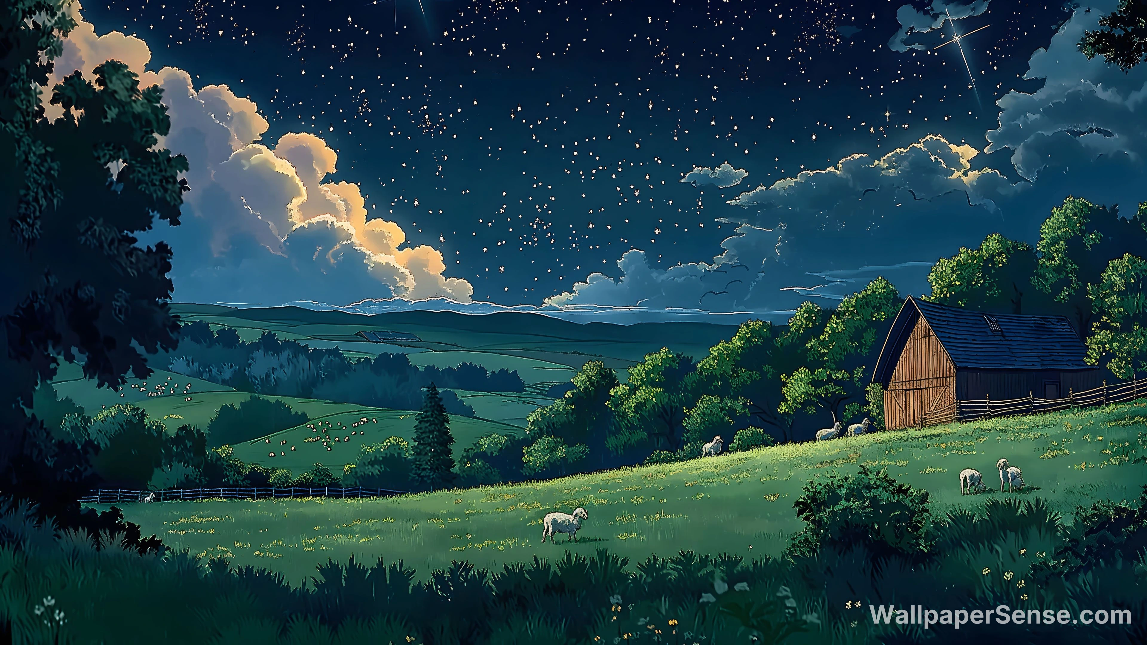 Miyazaki-Style Night Scenes 8K Ultra HD Wallpaper Pack - Rural Night Sky Stars 8K Desktop Wallpaper
