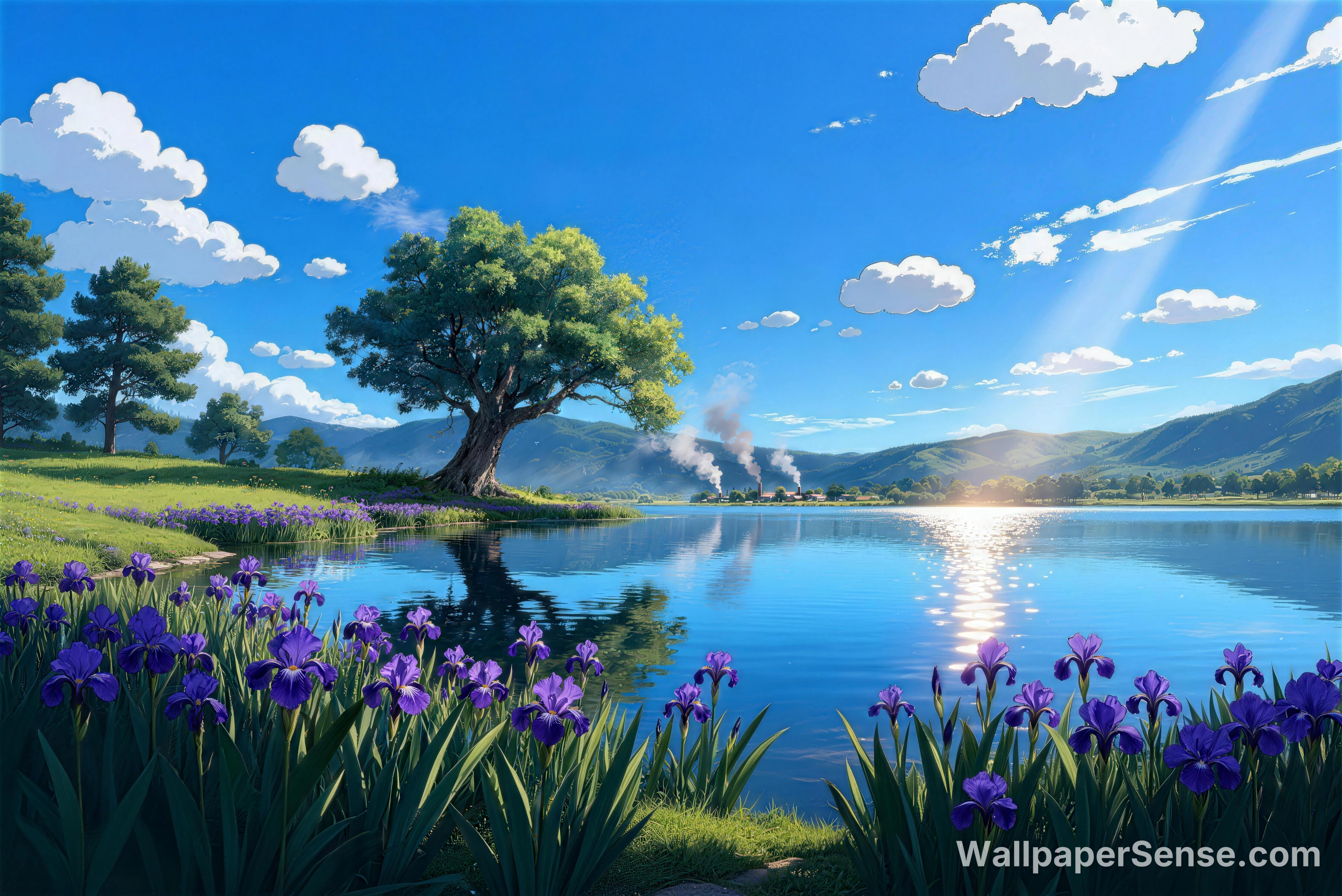 Miyazaki-Style Field Scenery 8K Desktop Wallpaper Pack - Miyazaki-Style Lakeside Purple Iris 8K Desktop Wallpaper