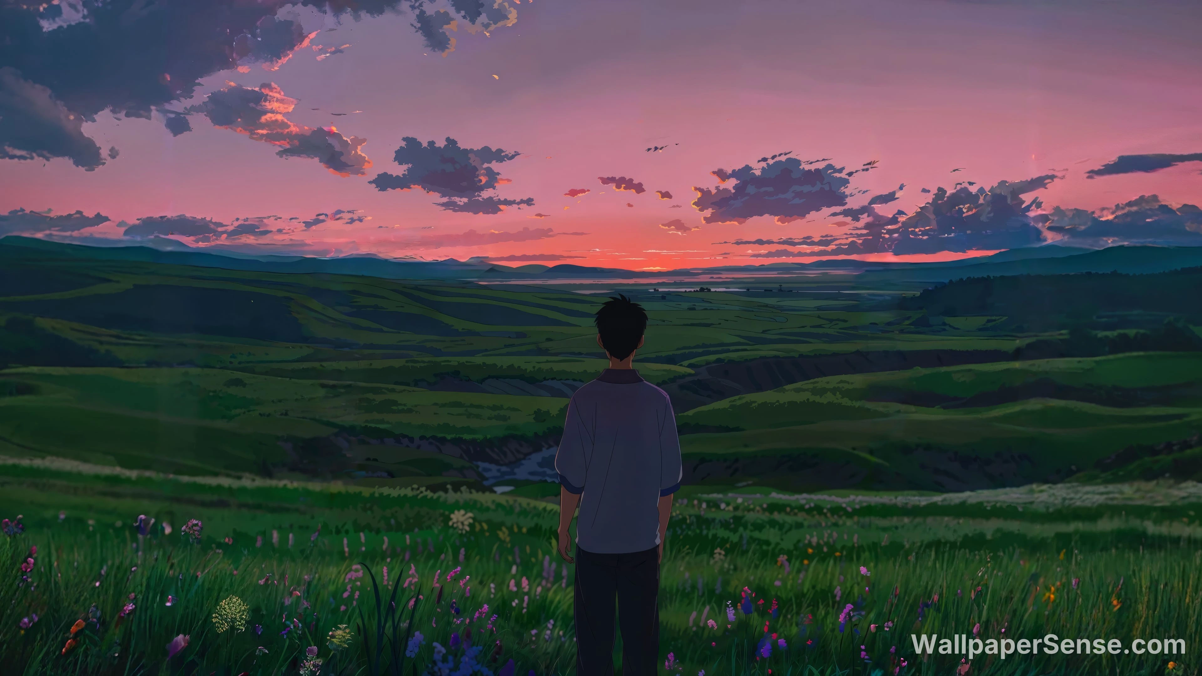 Sole che tramonta in stile Ghibli, valle 8K Ultra HD Wallpaper per desktop