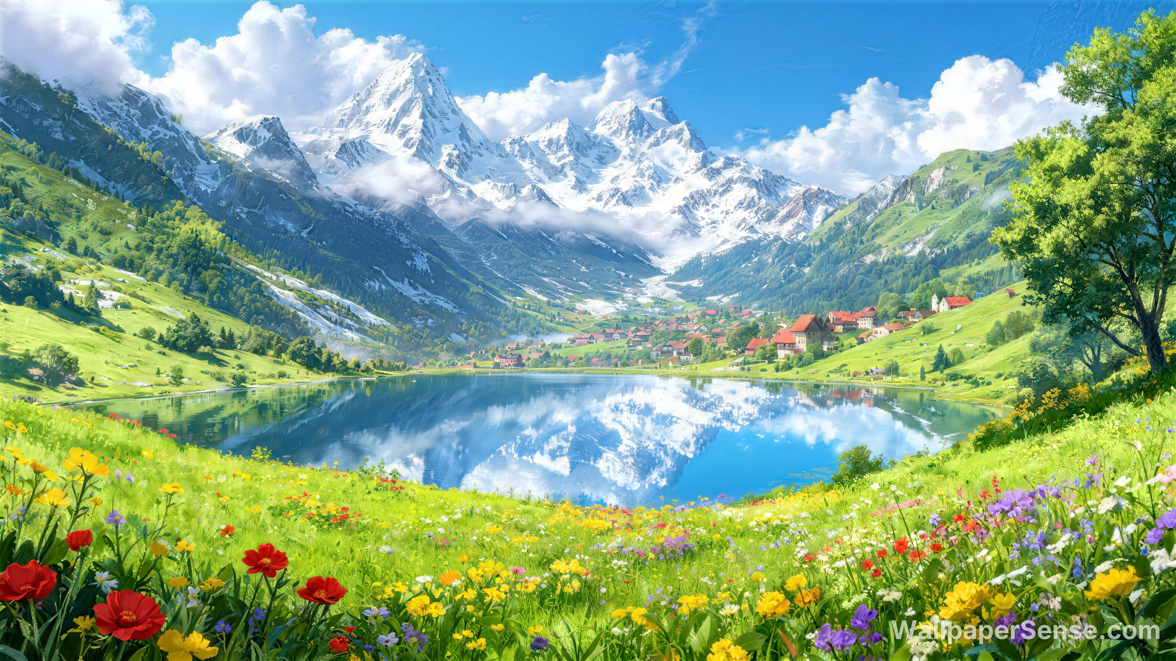 Miyazaki-inspireret landskabs- og naturbaggrundspakke, 8K - Alpine Sne- og Sølandskab 8K Desktop Wallpaper