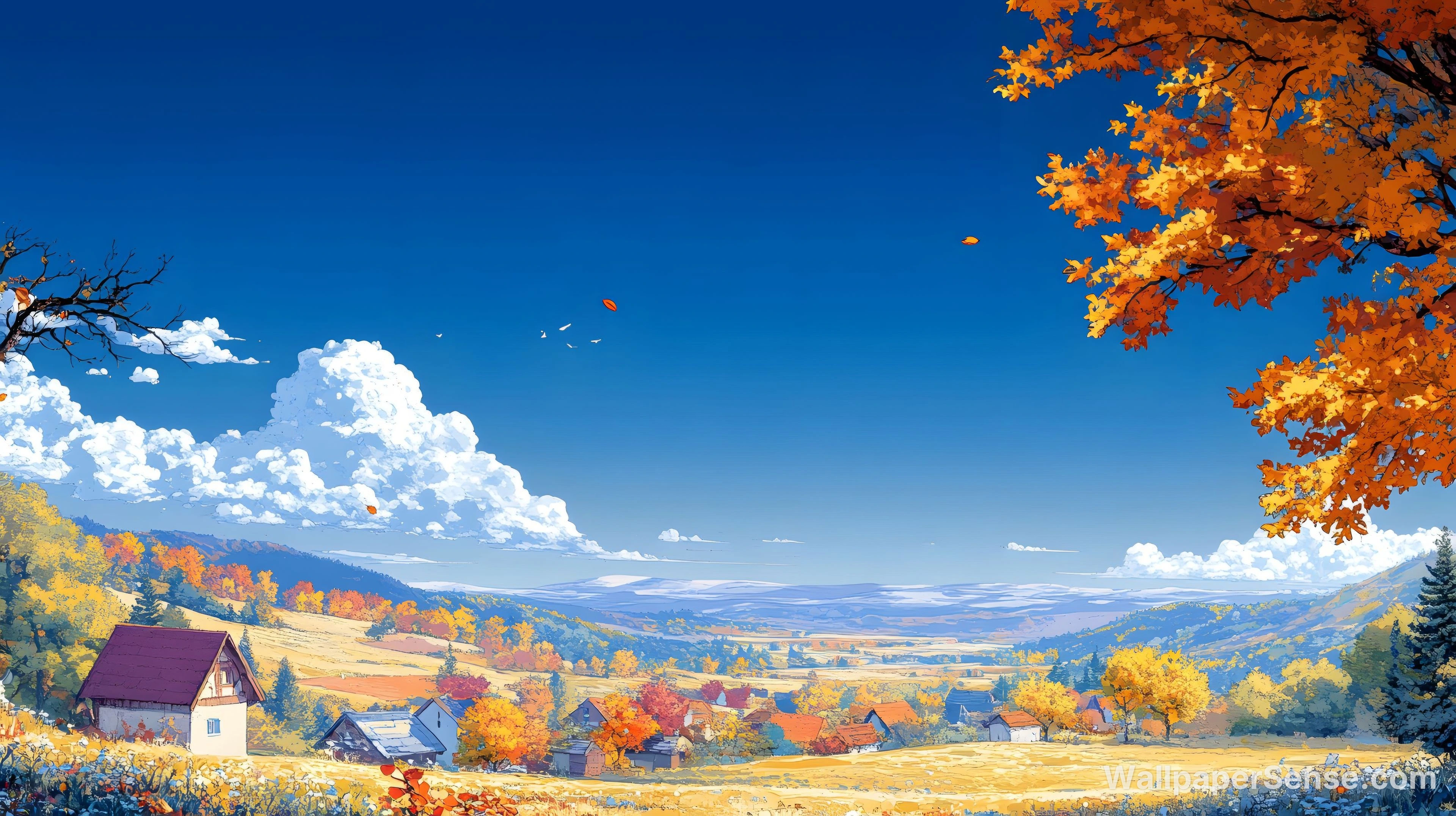 Japansk anime efterårsdal 8K ultra HD baggrundsbillede