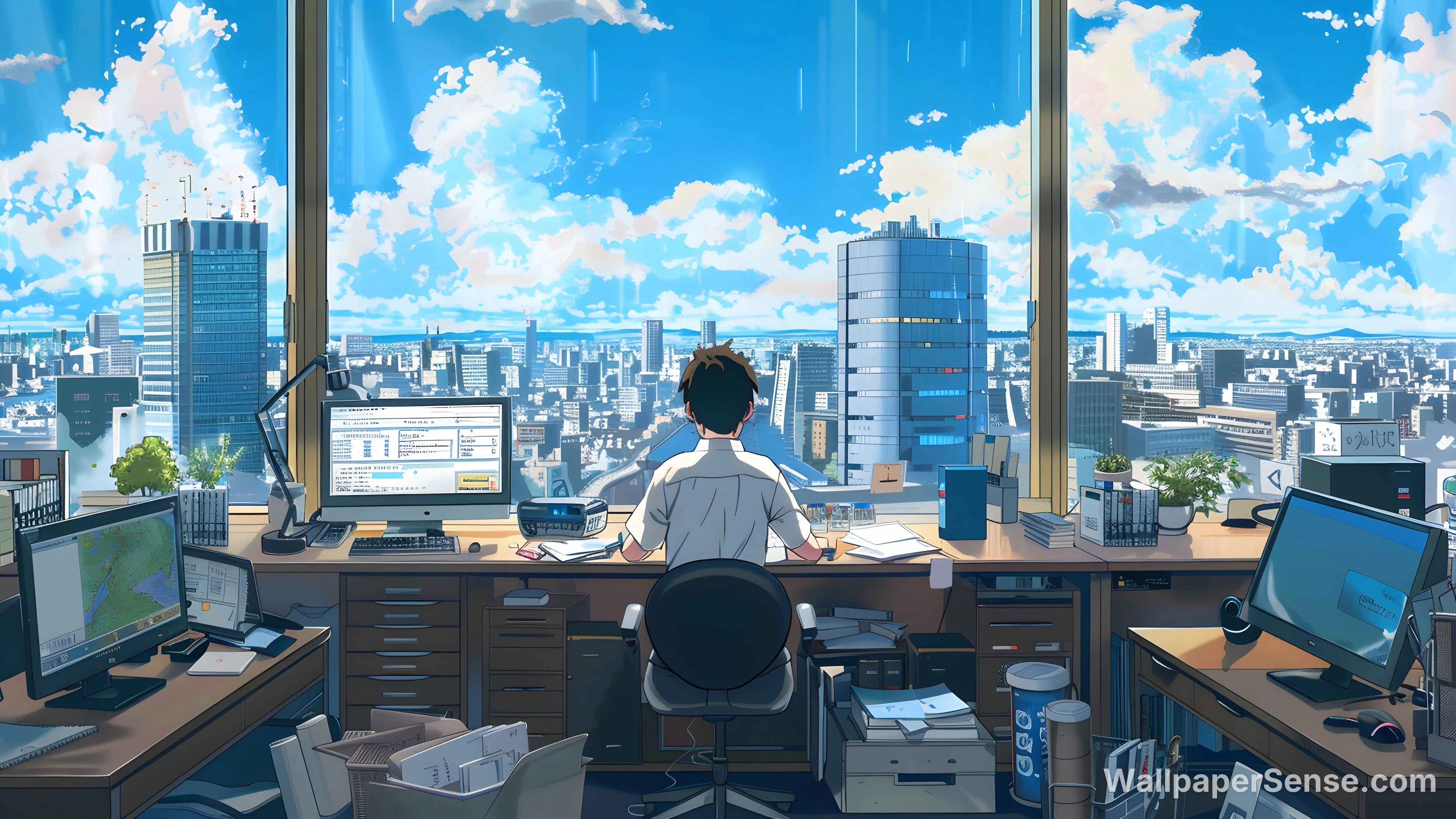 Paisaje urbano de oficina en estilo anime 8K Ultra HD para escritorio
