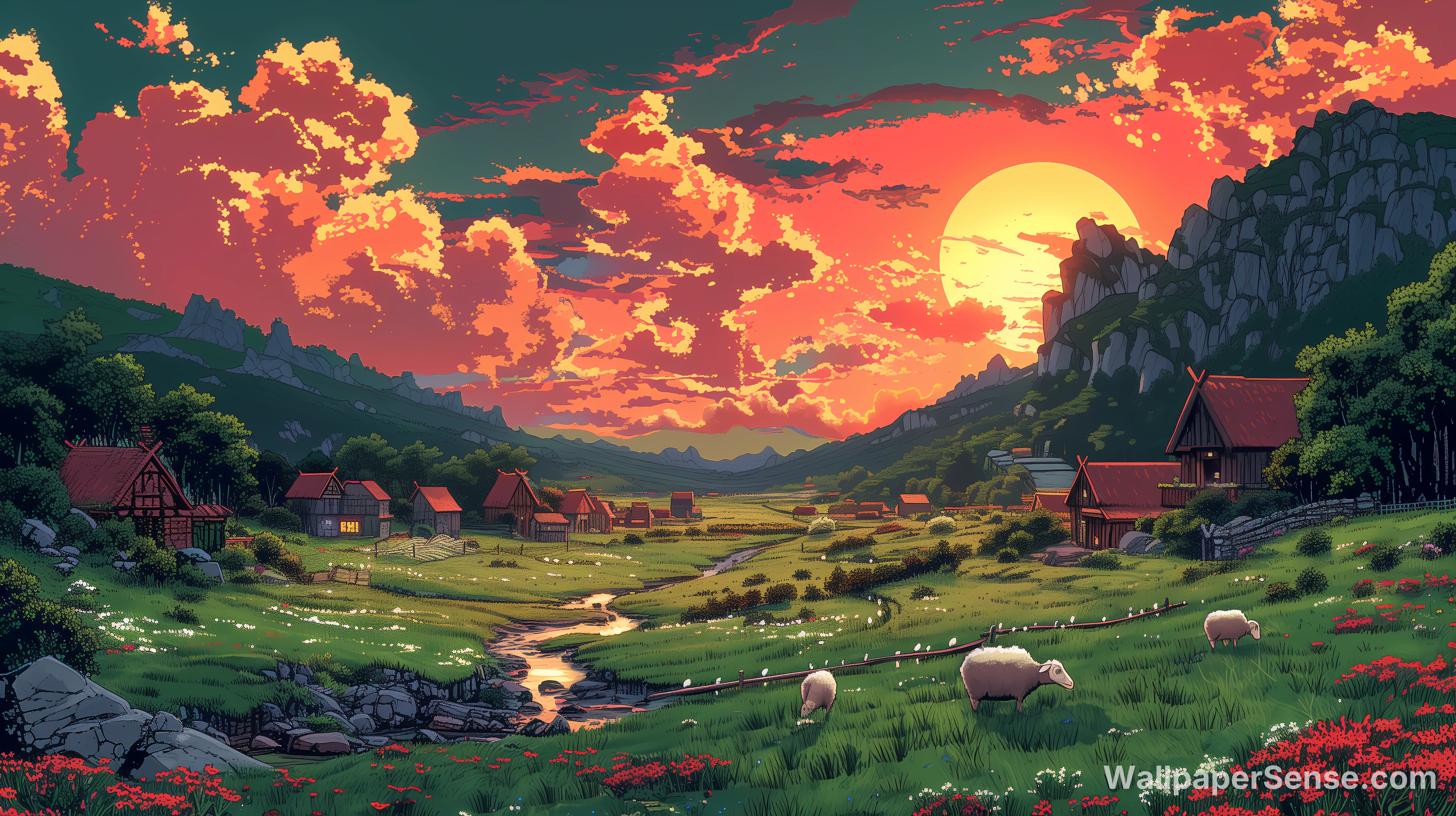 Studio Ghibli Dorpszonson ondergang 4K bureaublad achtergrond