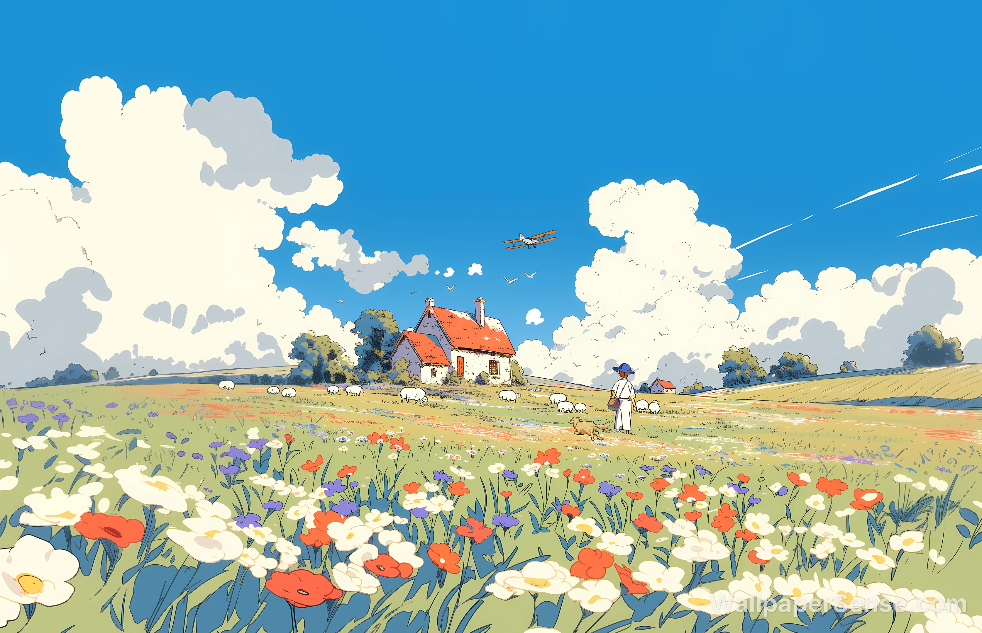 Studio Ghibli Style Flower Field 8K Ultra HD Desktop Wallpaper