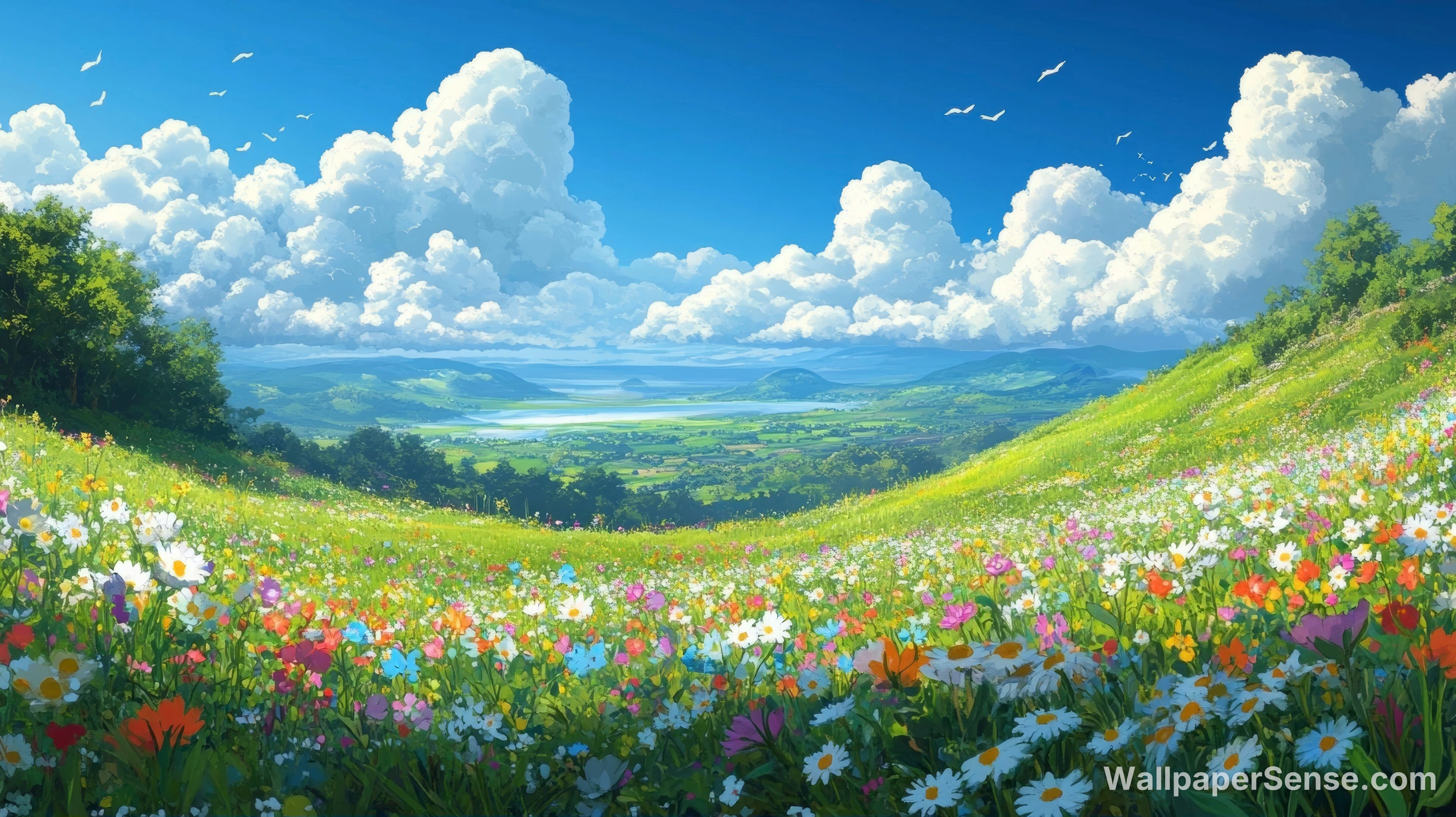 Japanese Anime-Style Flower Field 8K Desktop Wallpaper