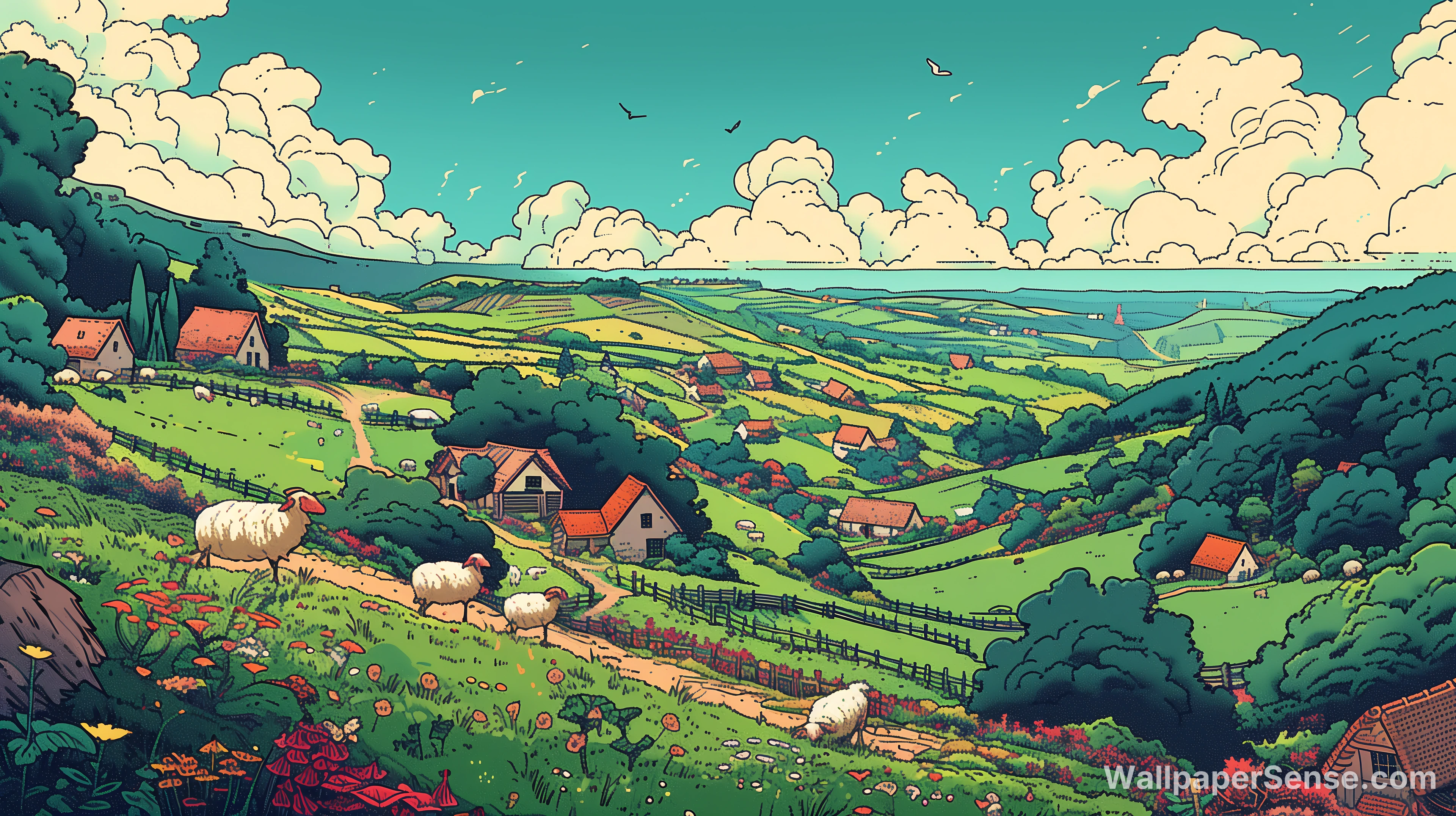 Illustrated Pastoral Landscape 8K Ultra HD Desktop Wallpaper