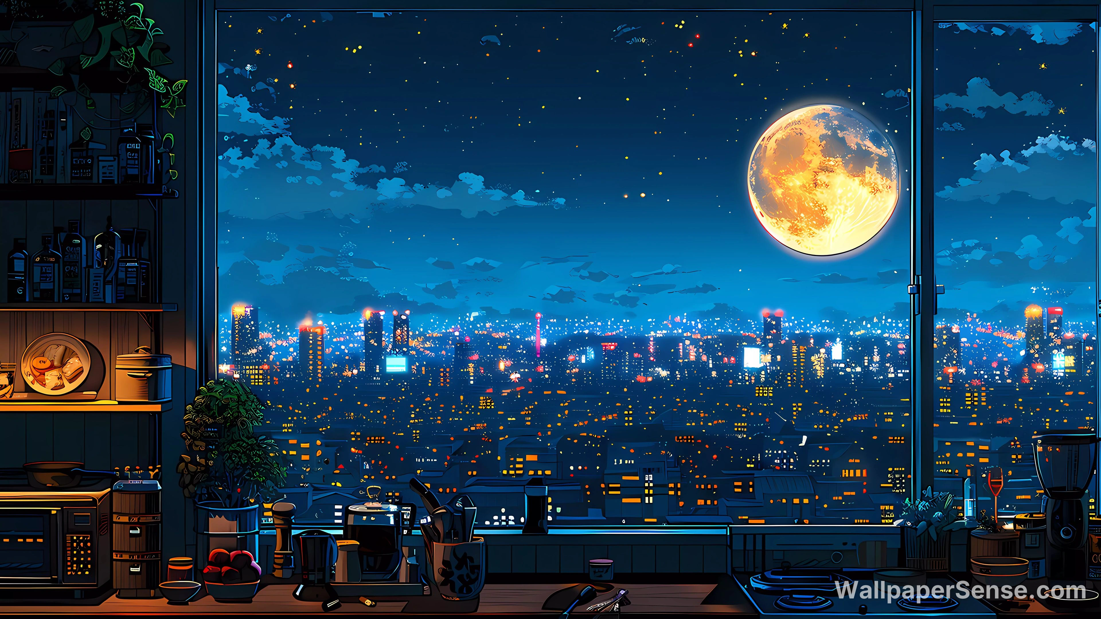 Anime městský výhled v noci 8K Ultra HD stěnka