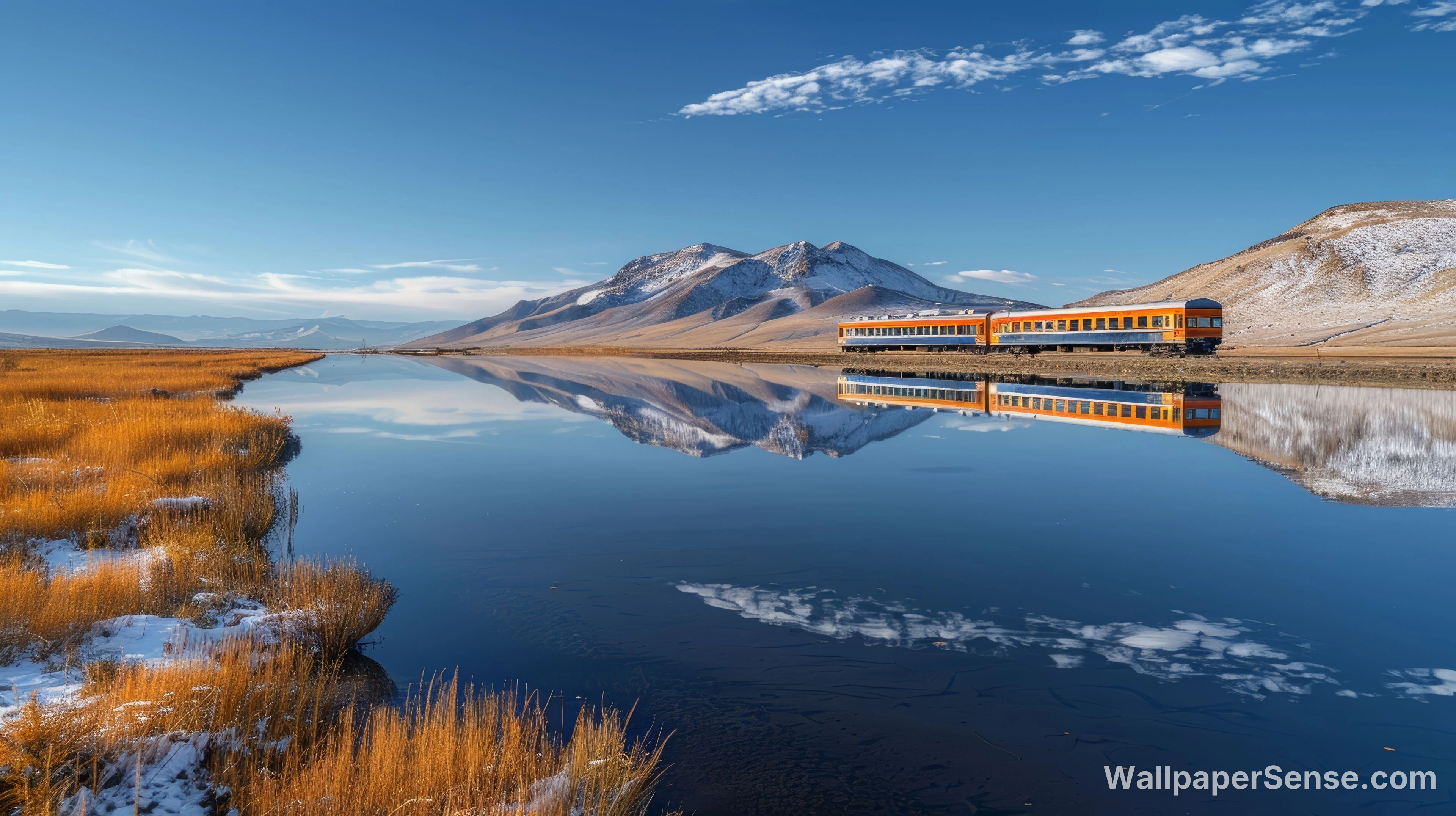 Trem à Beira do Lago Alpino 8K Ultra HD para Desktop - Premium wallpaper in 8000x4484 resolution