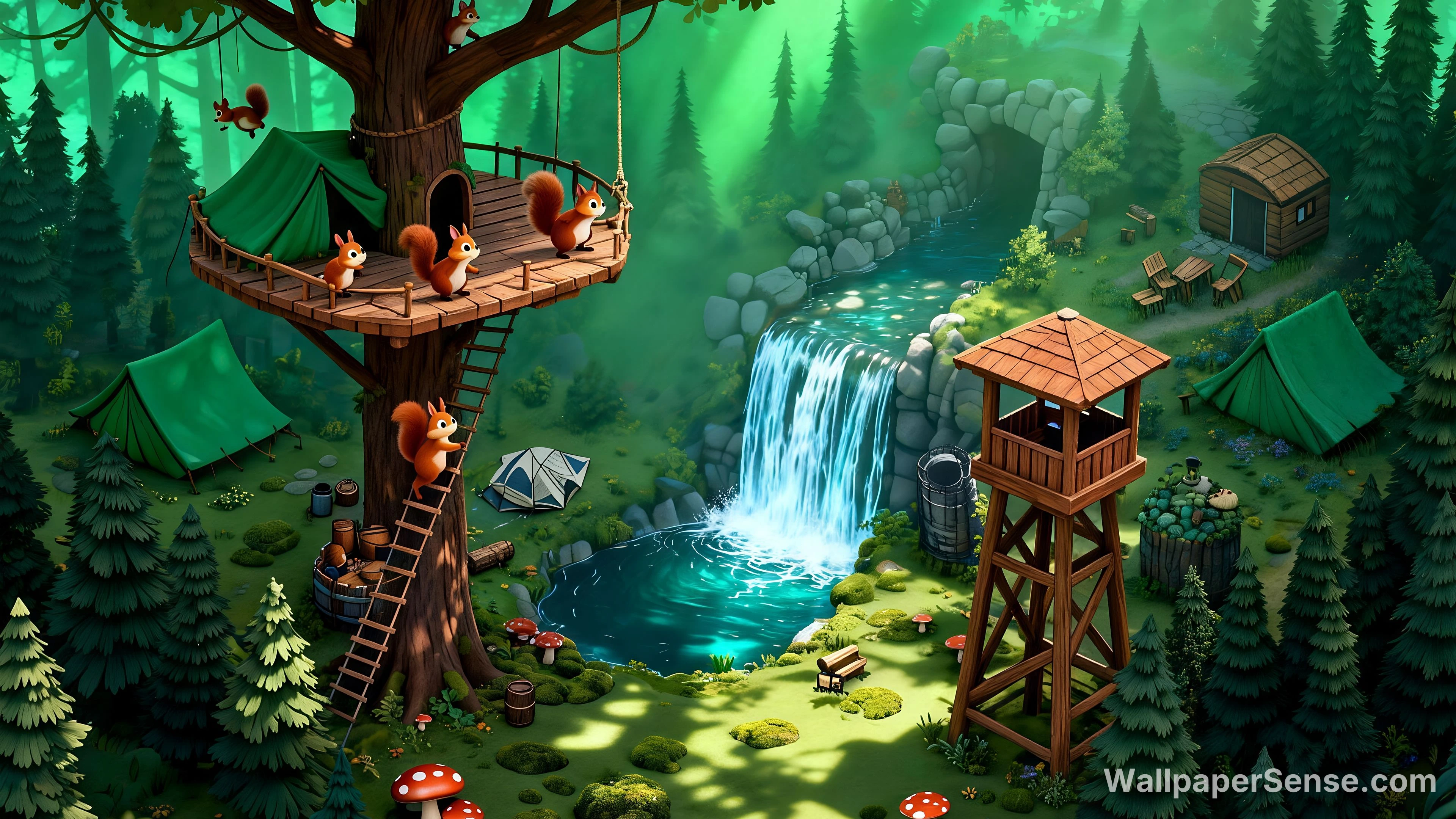 Cartoon Forest Treehouse 8K Ultra HD Desktop Wallpaper