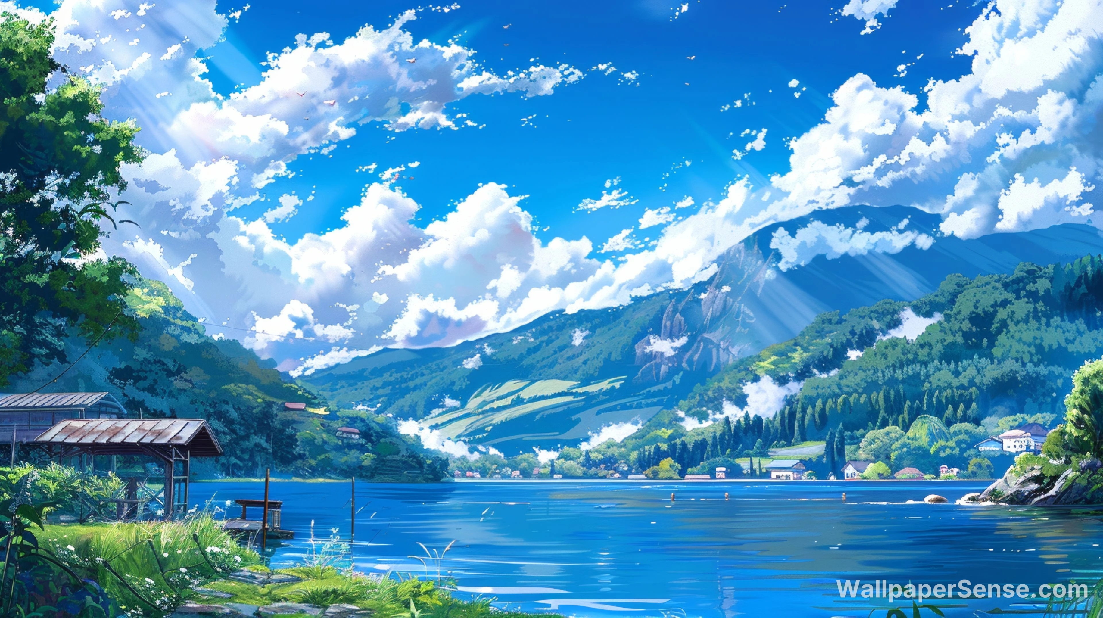 Japanese Anime Lake and Mountain Landscape 8K Desktop Wallpaper