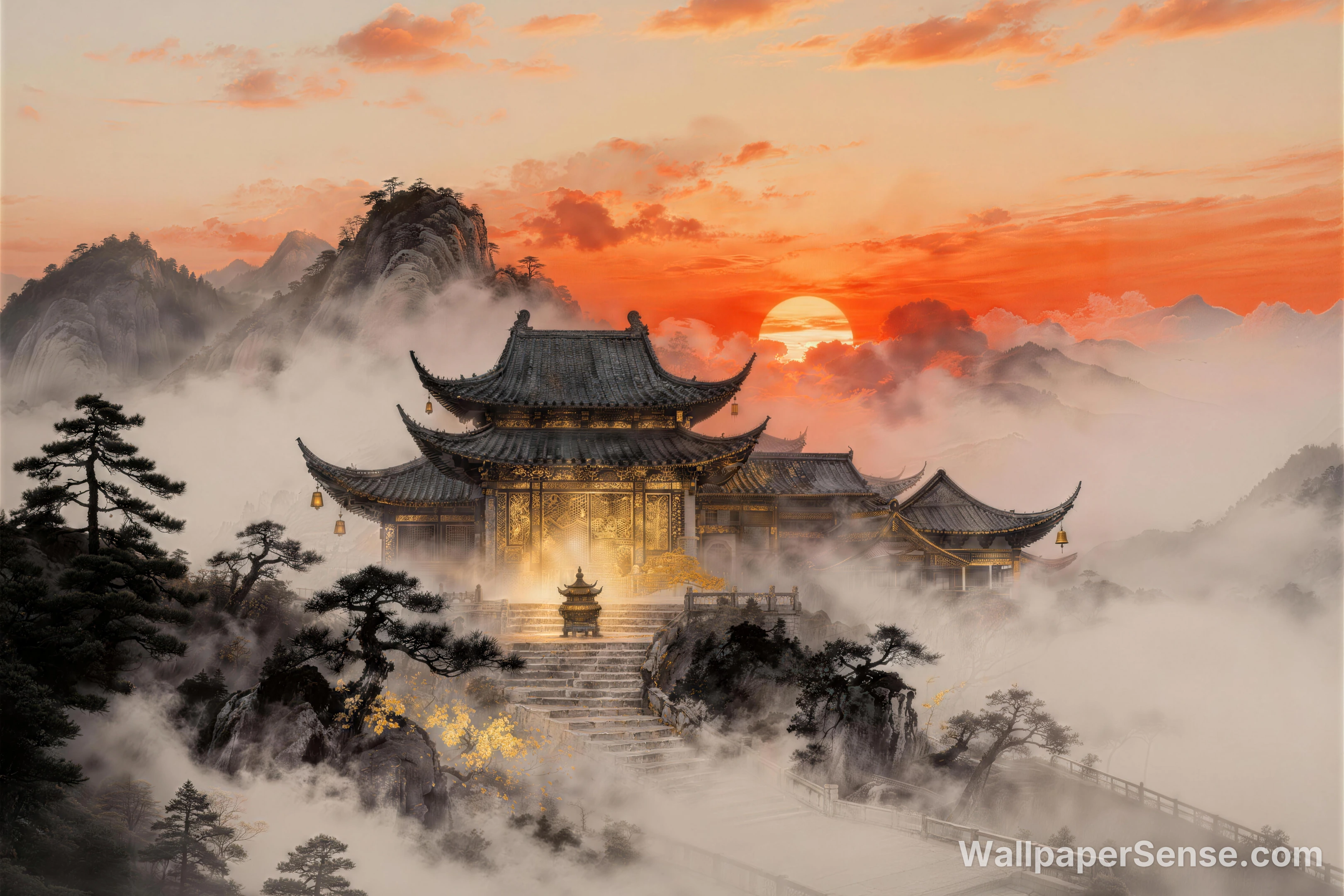 中國風古寺日落 8K 超高清桌布 - Premium wallpaper in 8192x5462 resolution