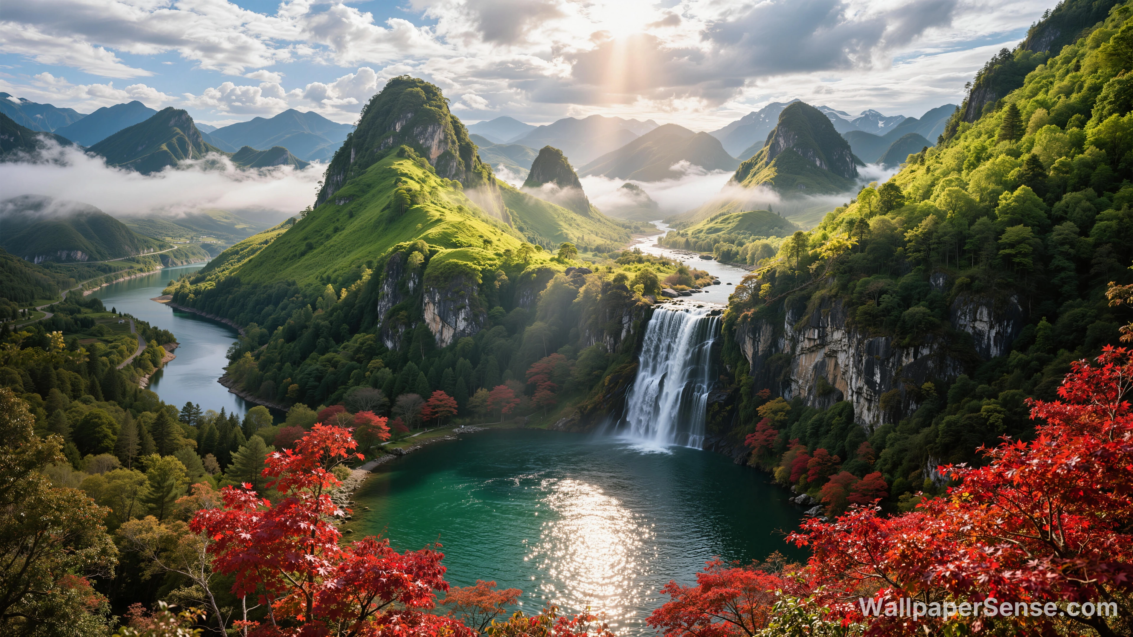 Chinese Style Landscape Waterfall 8K Ultra HD Desktop Wallpaper