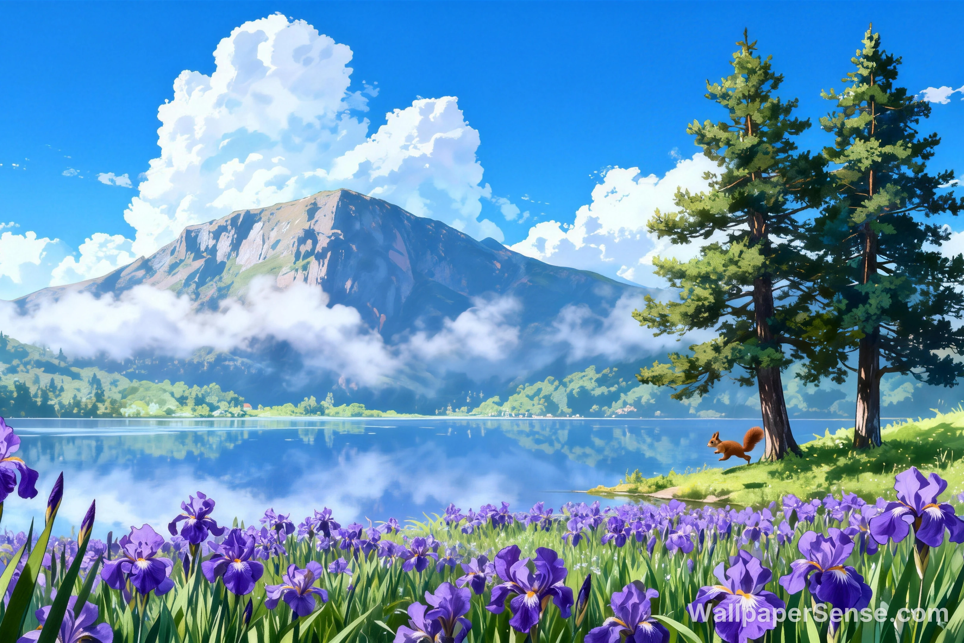 Japonská anime krajina jezera a hor 8K pozadí pro plochu