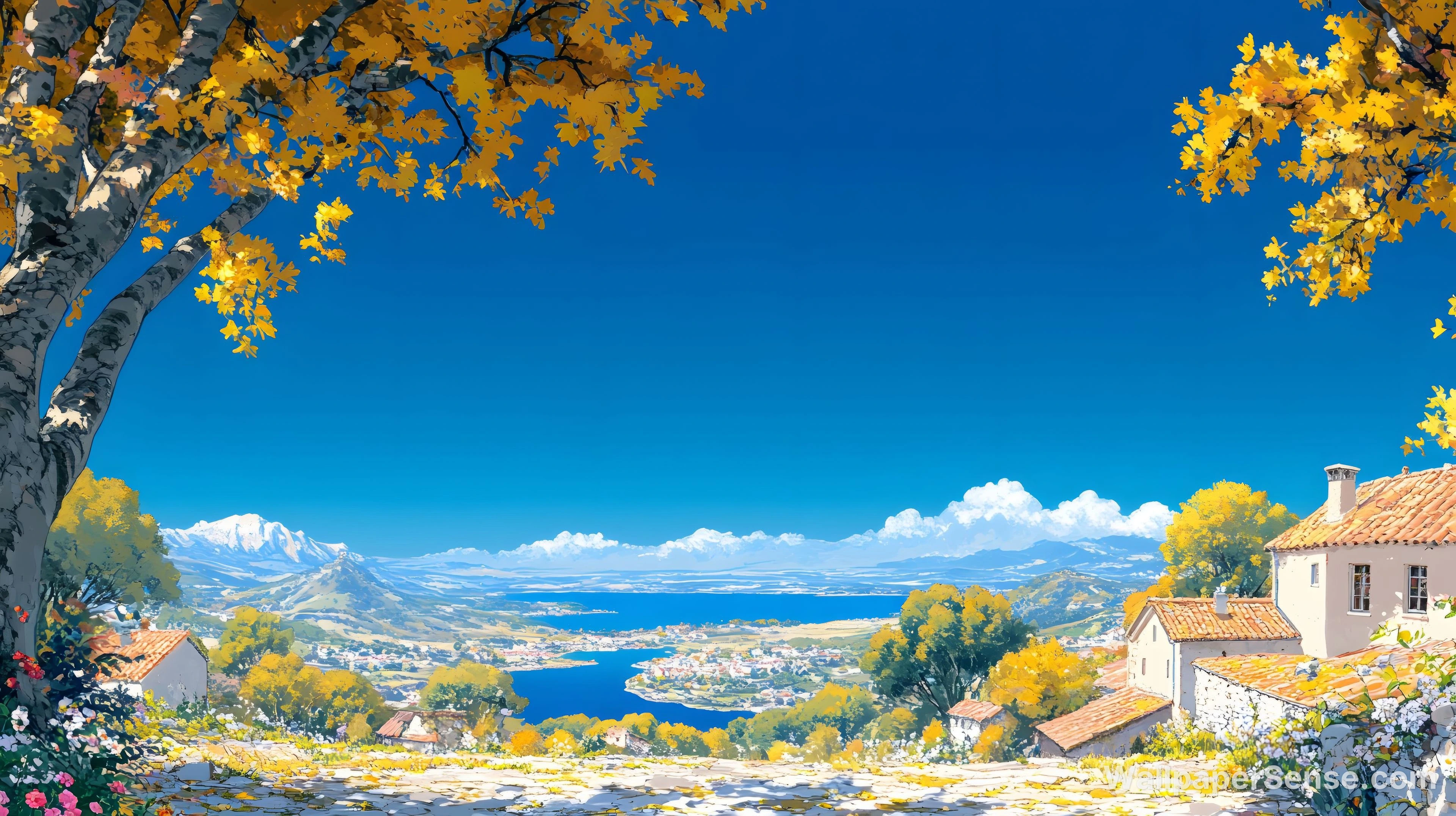 Japansk stil: efterårslandskab ved søen, 8K ultra HD baggrundsbillede