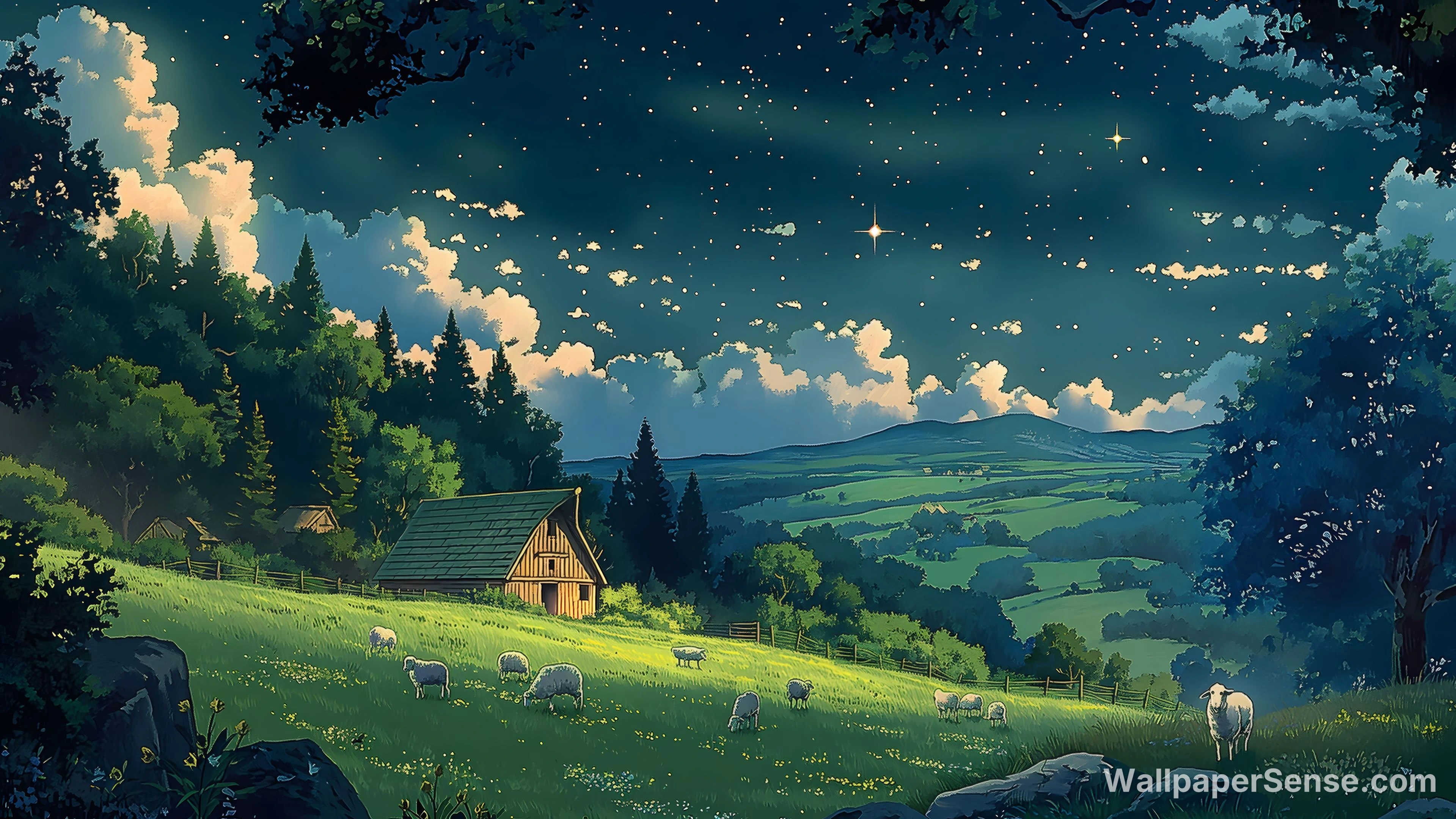 8K Serene Valley Nightscapes with Cabins and Sheep