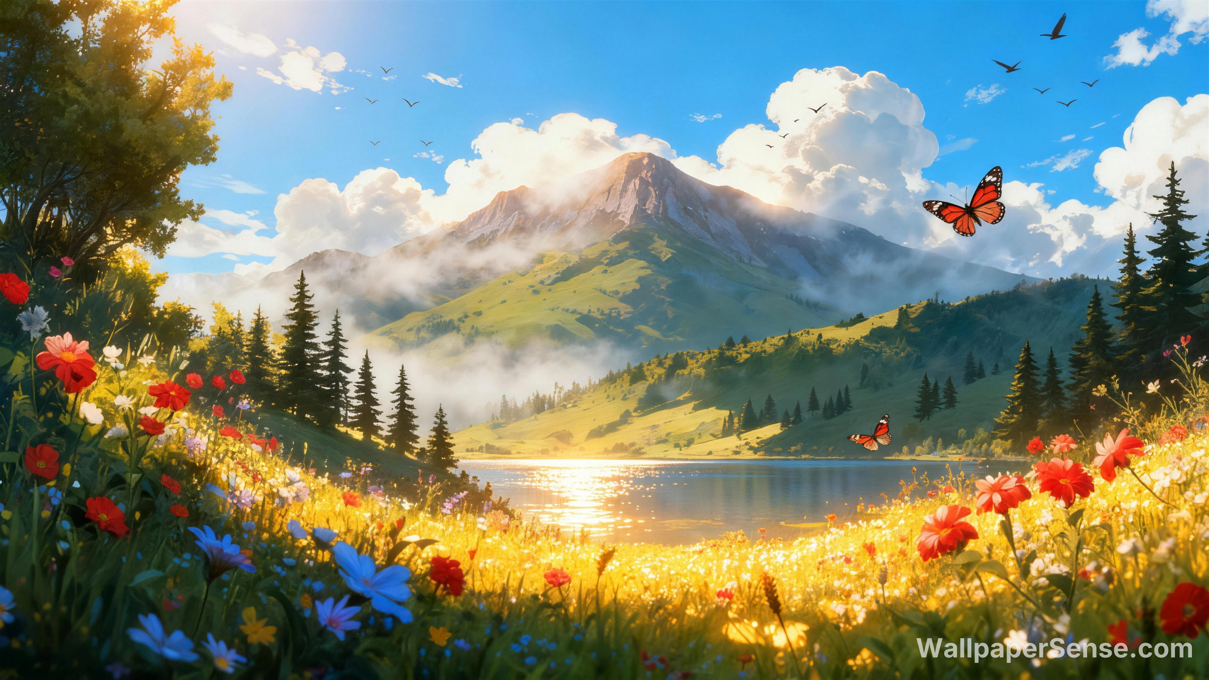 Healing Bjerg-Sø-Blomstermark 8K Desktop Wallpaper