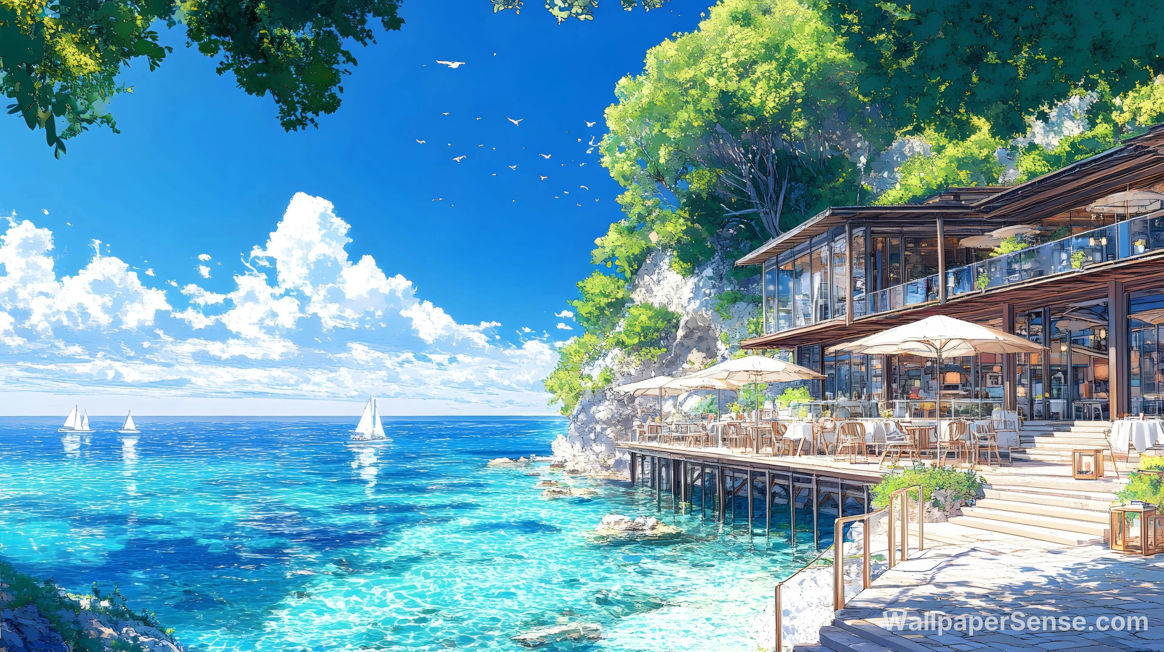 Cafetería Japonesa junto al Mar, Fondos de Pantalla Ultra HD 8K - Premium wallpaper in 8000x4484 resolution
