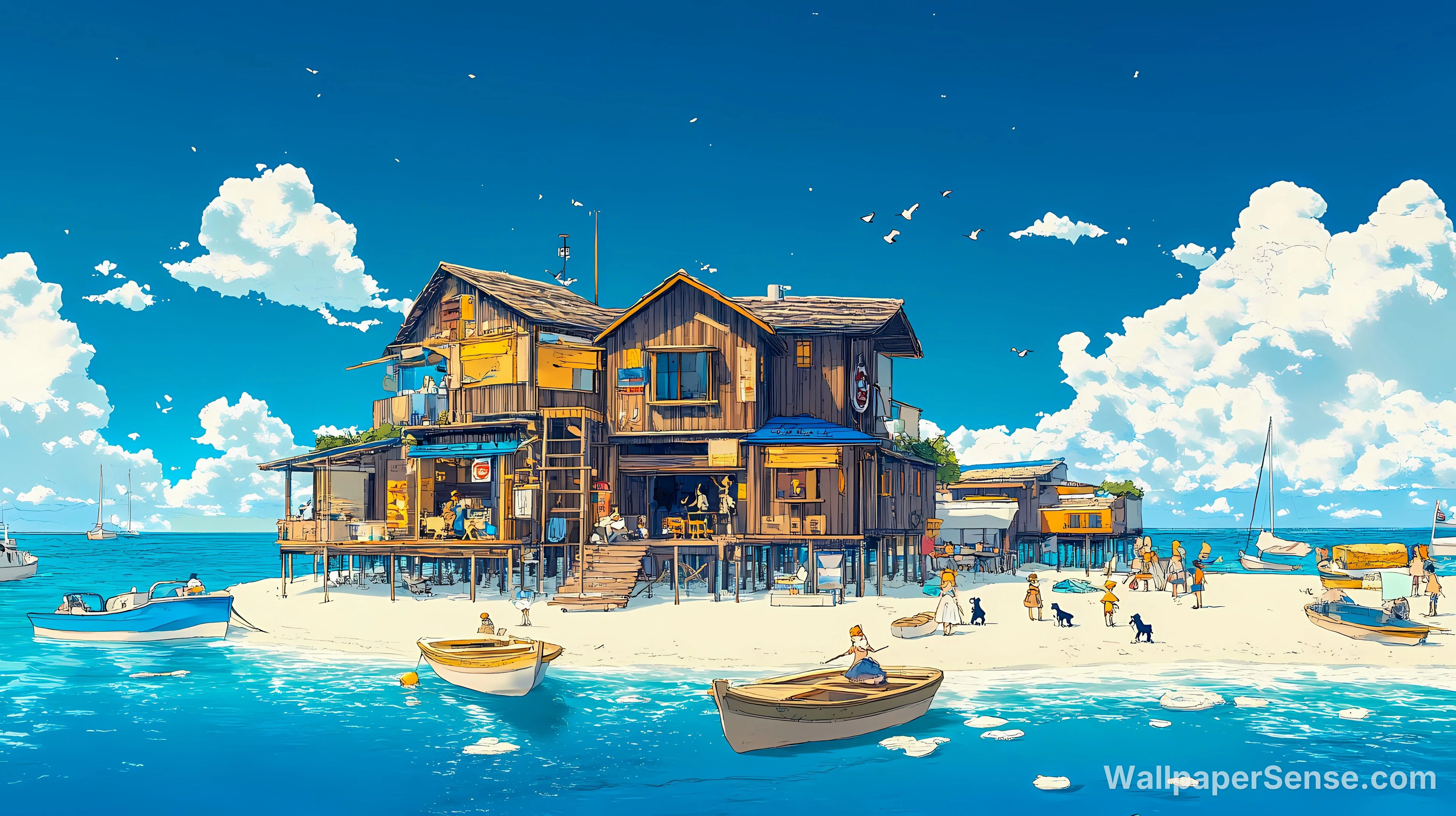 Japonská pobřežní vesnice 4K 8K Ultra HD sbírka pozadí - Studio Ghibli-style pobřežní vesnice 4K stolní pozadí