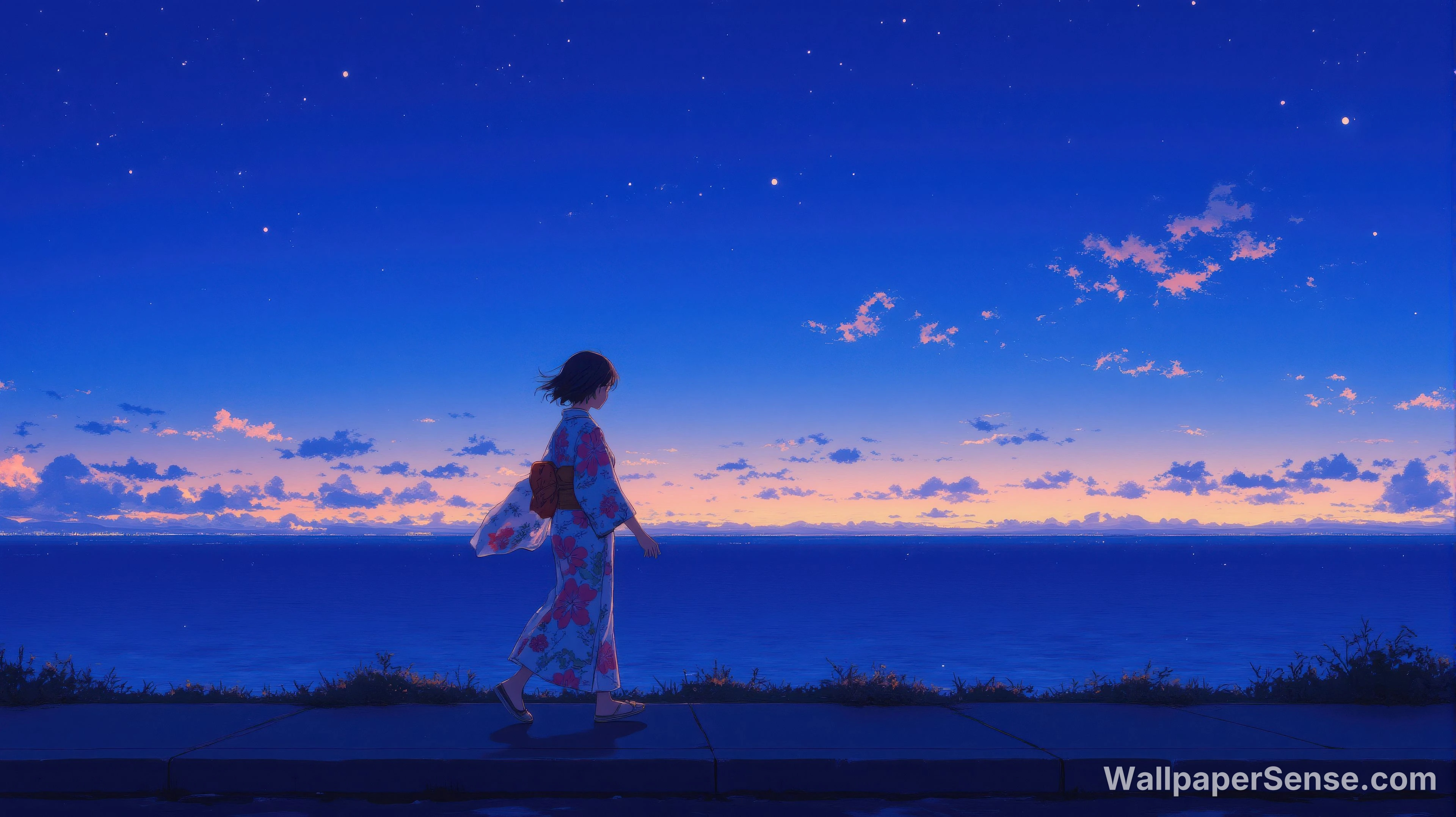 Ragazza Anime Giapponese al Tramonto in Riva al Mare 4K Wallpaper per Desktop - Premium wallpaper in 4560x2560 resolution