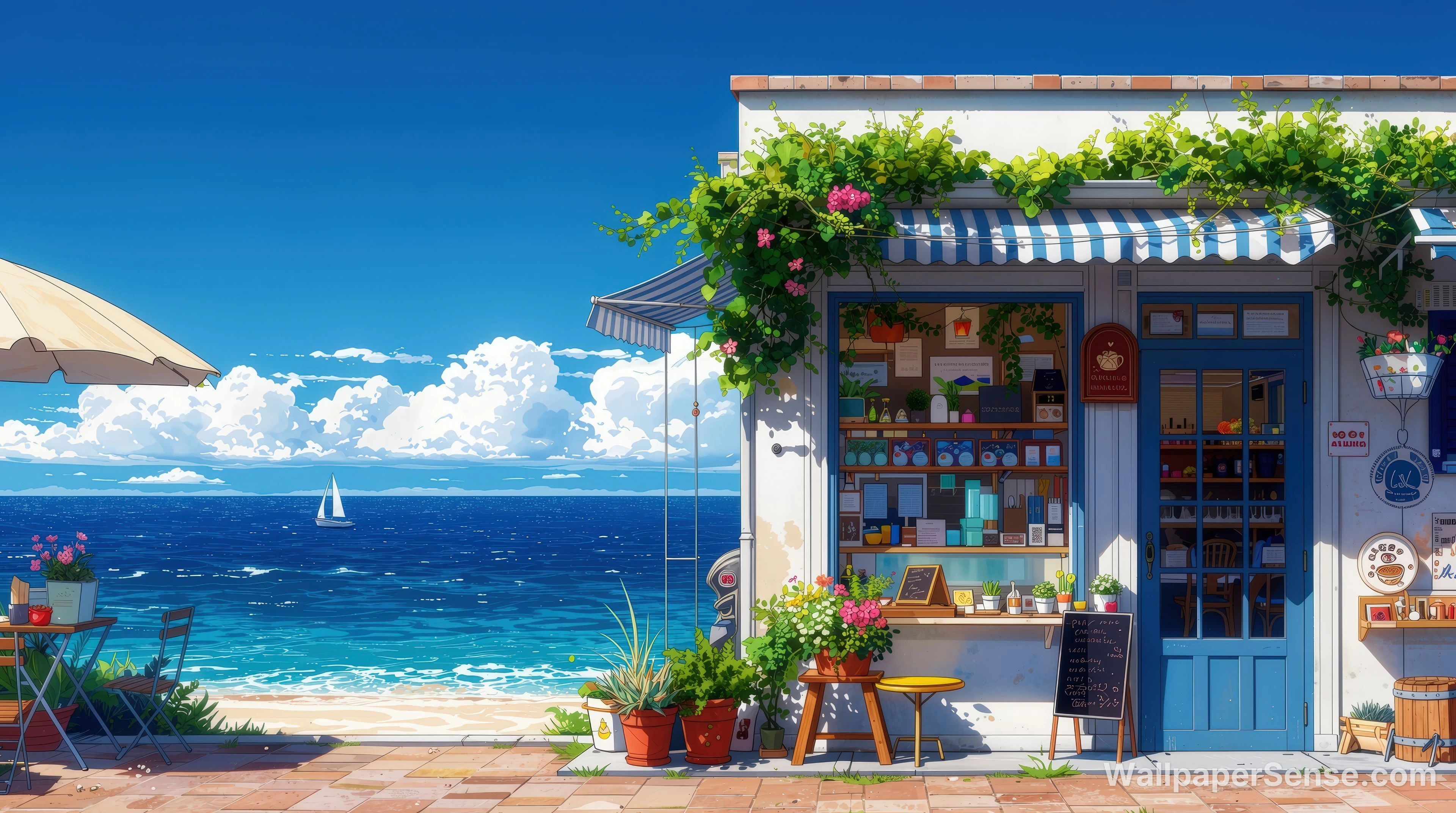 Japanse kustcafé 4K bureaubladachtergrond