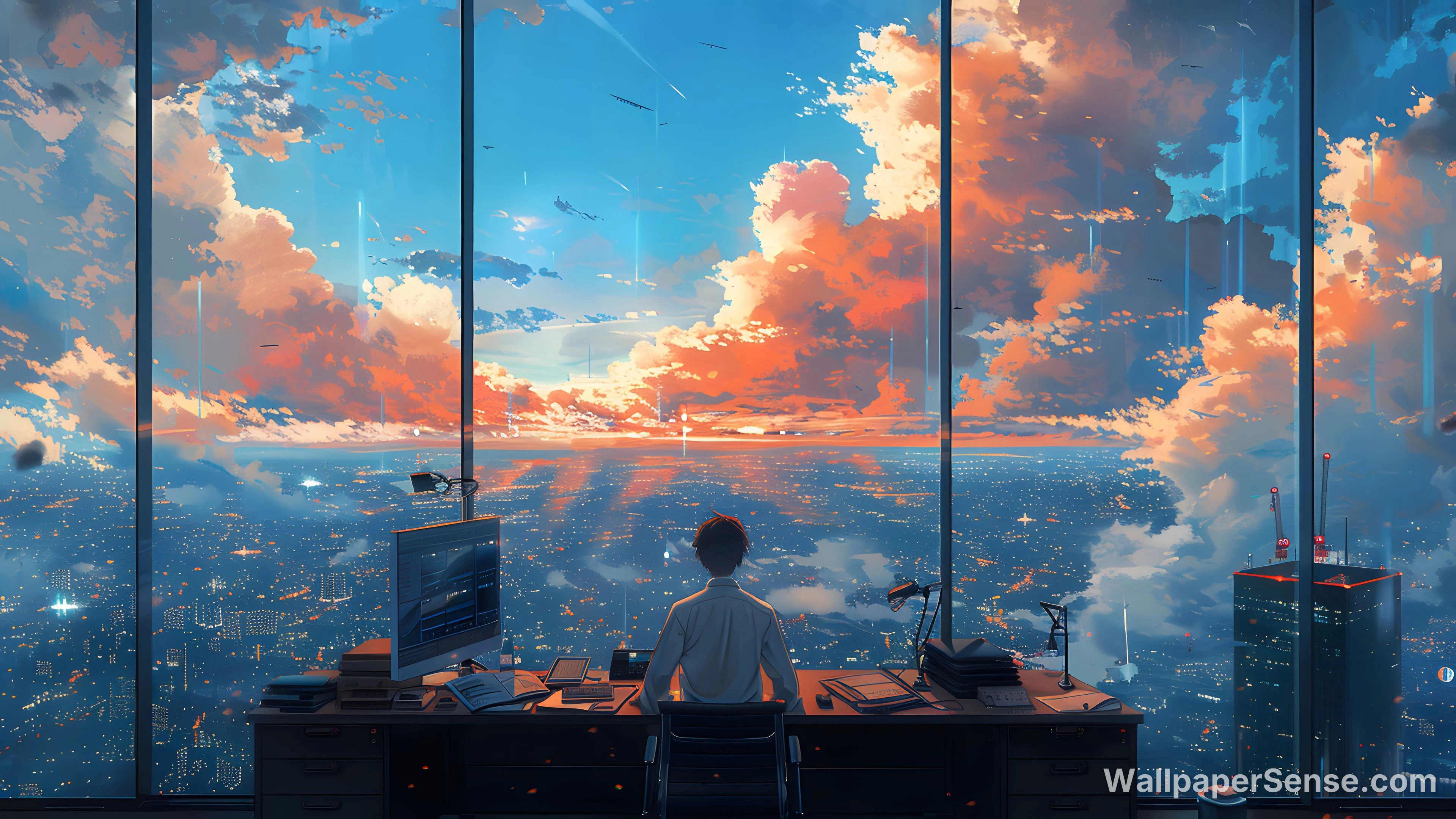 Paisaje urbano animado atardecer 8K Ultra HD para escritorio
