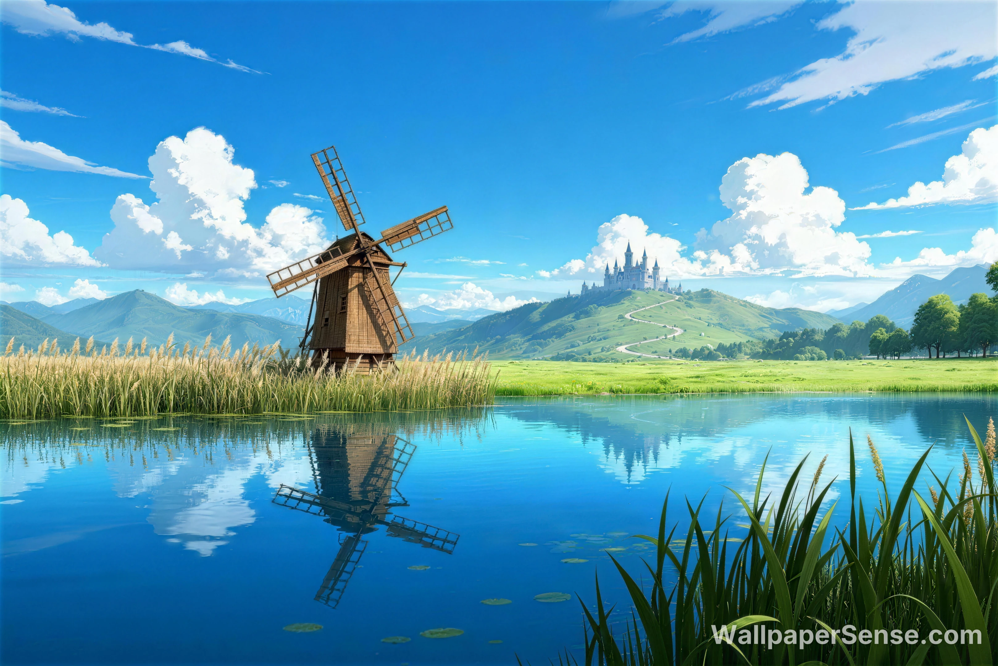 Ghibli-Style Windmill Castle 8K Desktop Wallpaper