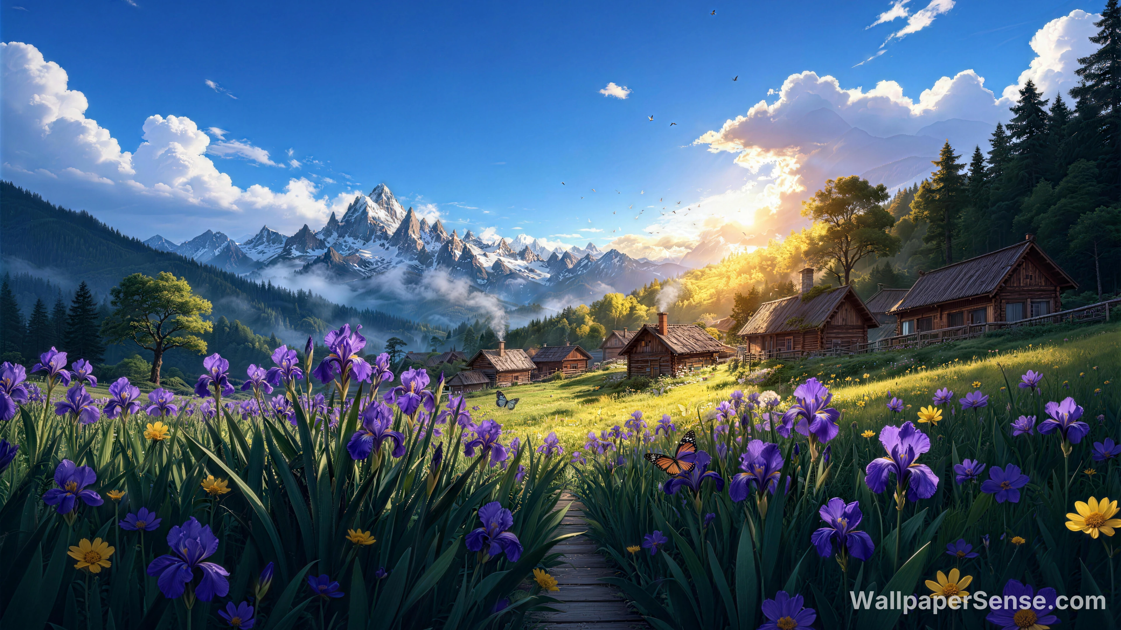 Europese berghut met paarse irissen 8K bureaubladachtergrond - Premium wallpaper in 8192x4608 resolution