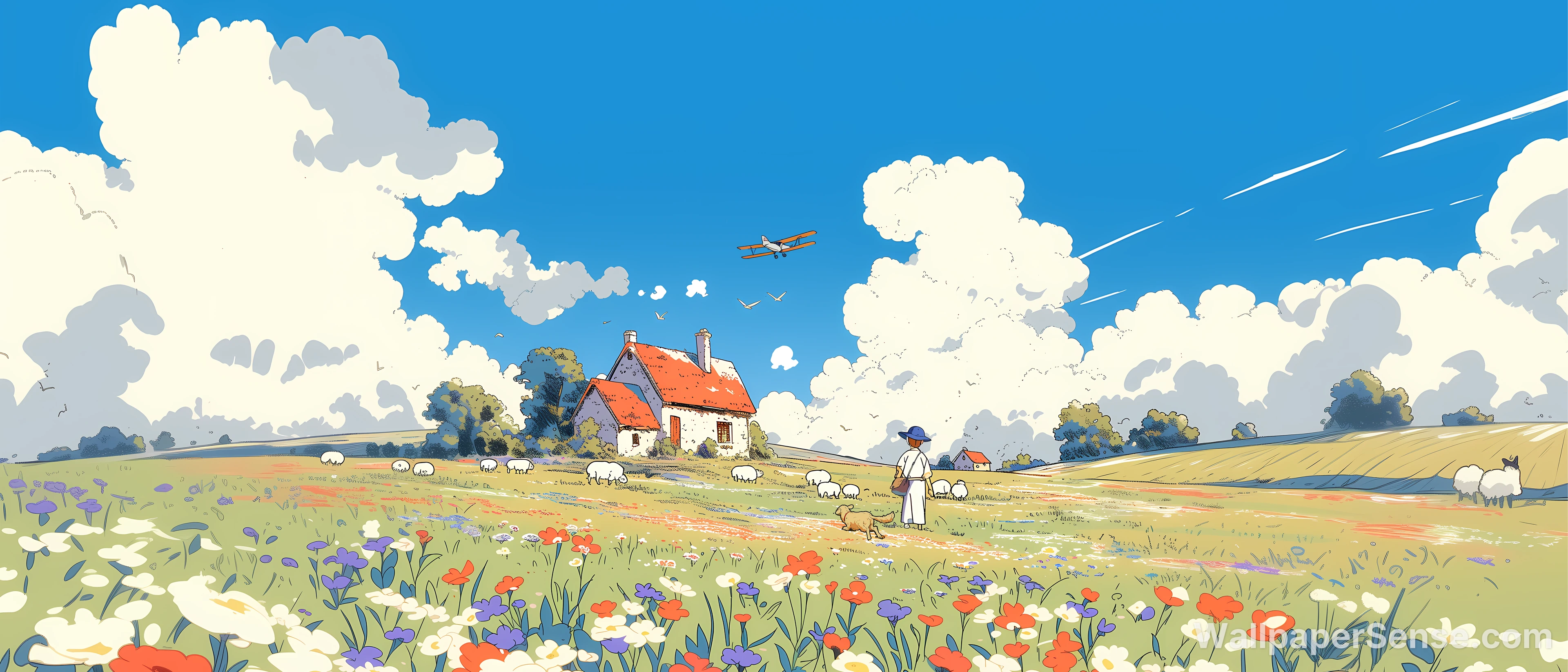 Studio Ghibli Style Flower Field and Pastoral Meadow 8K Ultra HD Wallpaper Collection - Studio Ghibli Style Pastoral Meadow 8K Ultra HD Desktop Wallpaper