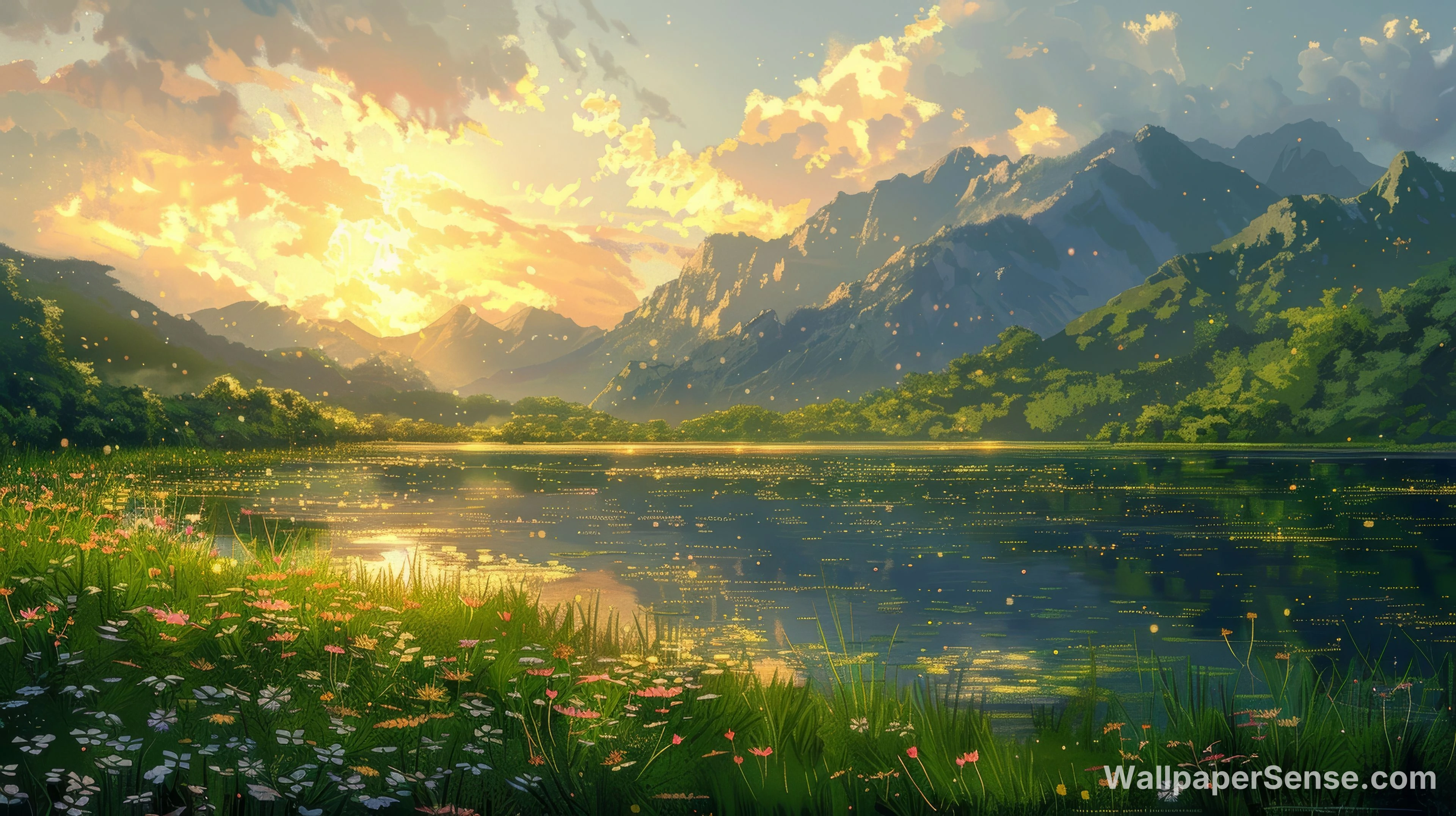 Oriental Mountain Lake Sunset 8K Ultra HD Wallpaper Collection - Anime styl hory a jezero 8K Ultra HD stolní pozadí