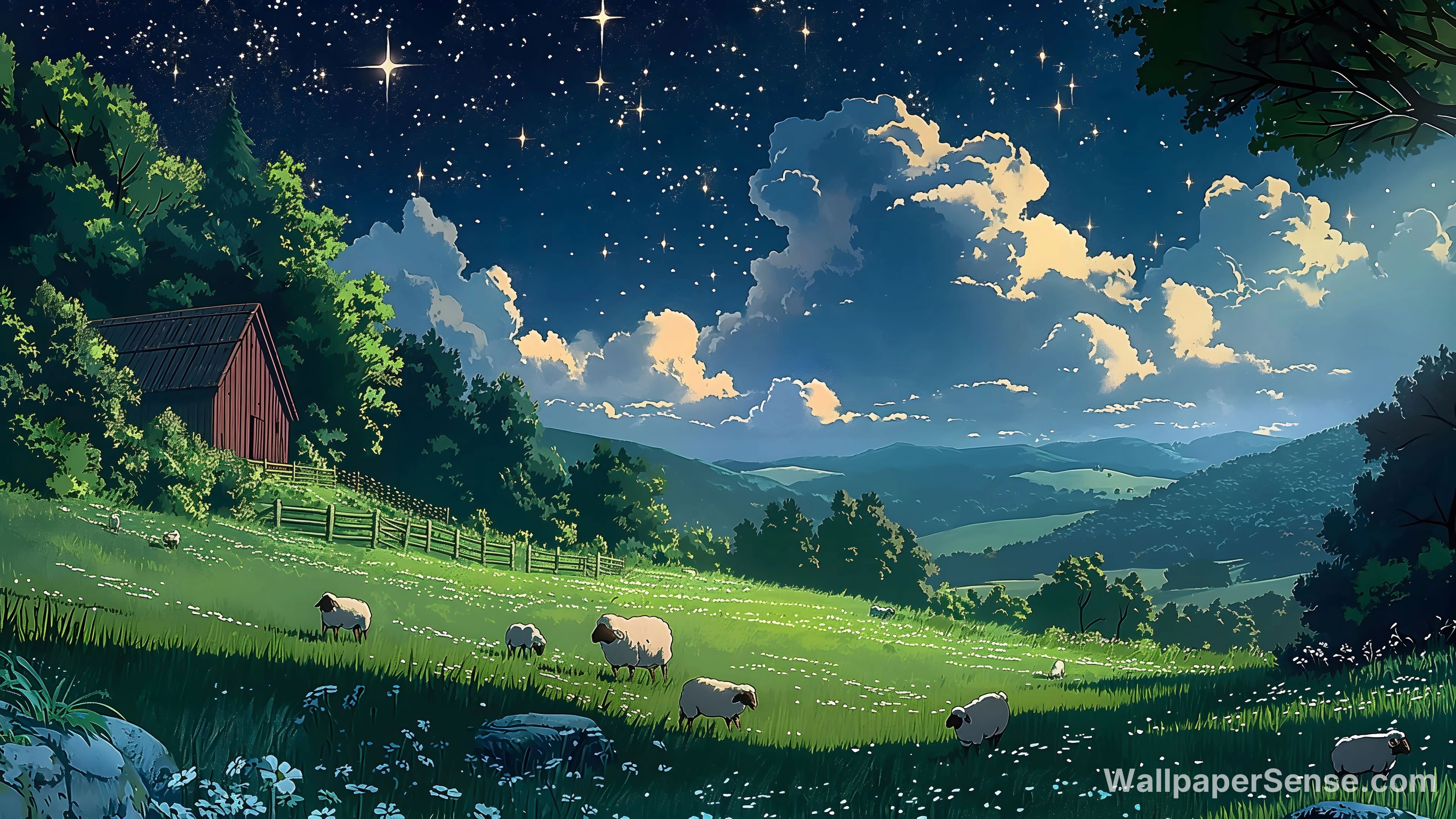 Studio Ghibli-Style Pastoral Night Scene 8K Desktop Wallpaper