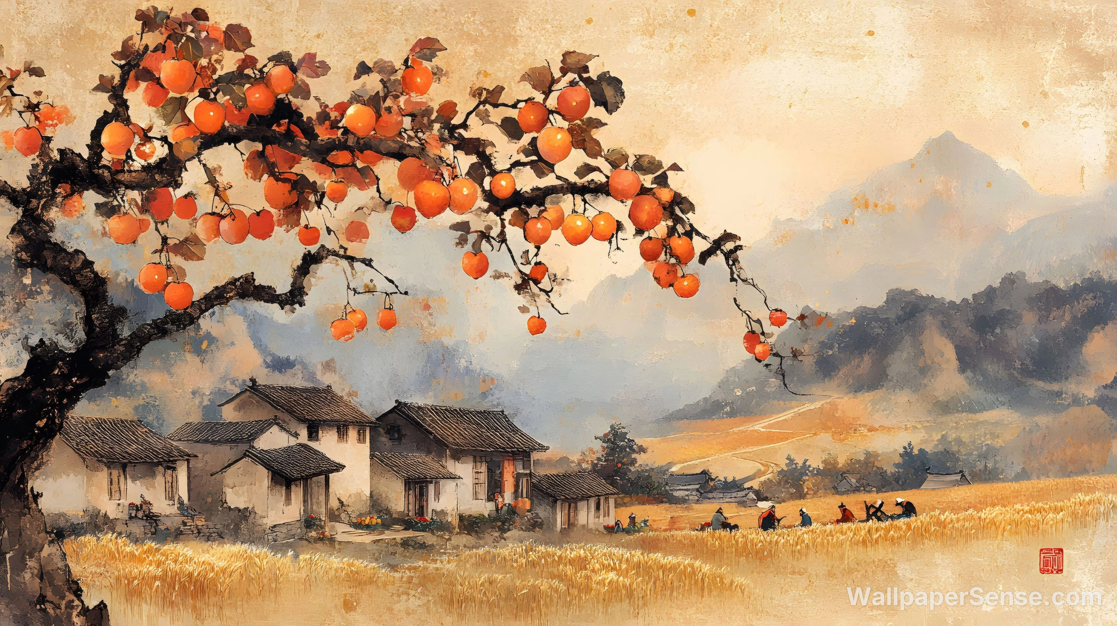 Chinese Style Persimmon Tree 8K Ultra HD Desktop Wallpaper