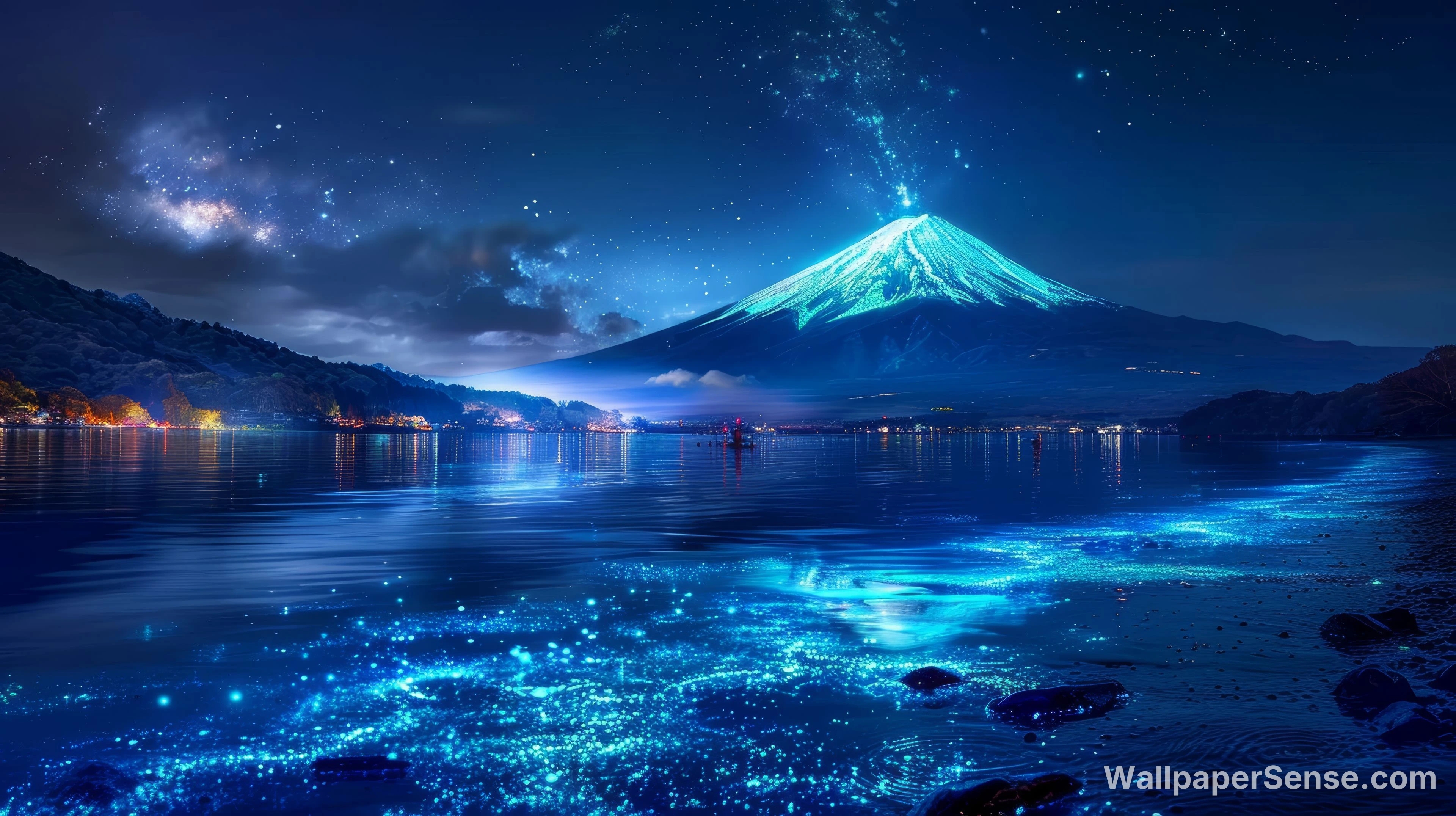 Japonský Mount Fuji noční obloha 8K ultra HD stolní pozadí