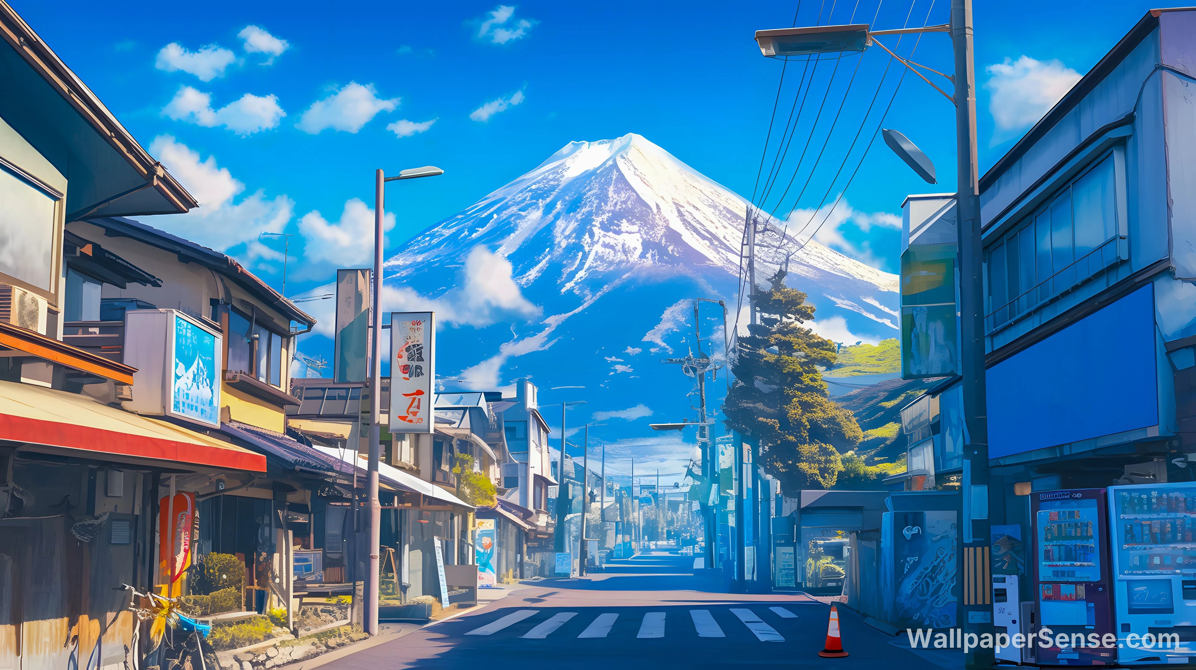 Japonská ulice s horským pohledem na Fuji 4K stolní pozadí